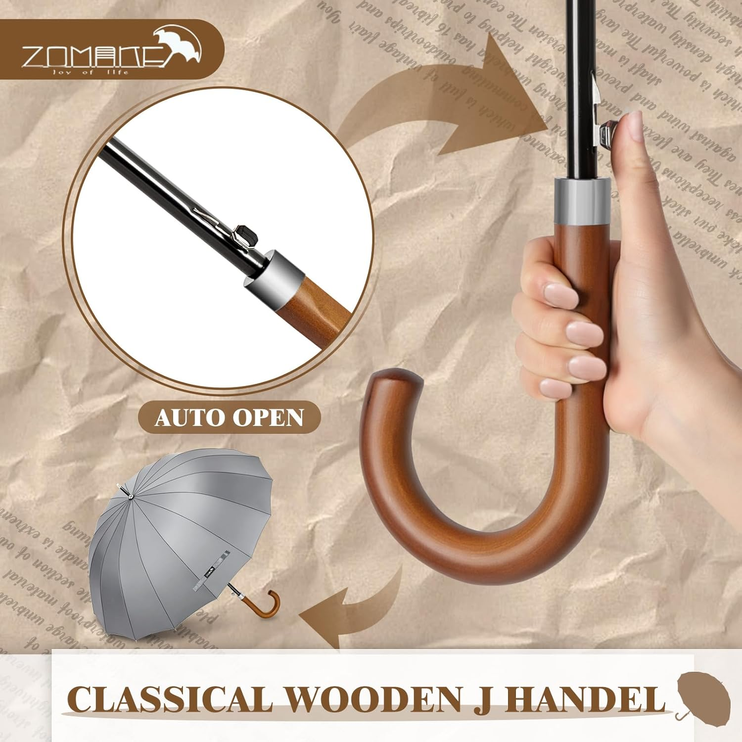 ZOMAKE Large Stick Golf Umbrella with Wood Hook Handle 16 Ribs - Automatic Open Classic Umbrellas Windproof Wooden Handle - Long Umbrella with J Hook,Curved Handle Umbrella Cane for Women Men - Purper image number 5