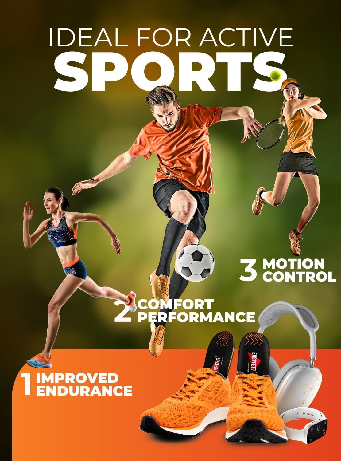 Running Athletic Shoe Insoles Men Women - Sport Insole - Shock Absorption Inserts - Walking Hiking Hockey Tennis Basketball - Orthotic Comfort Cushions Inserts Sneakers image number 2