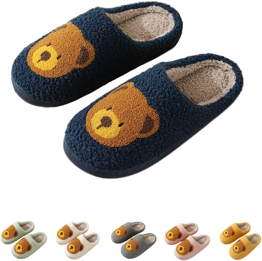 Smiley Face Happy Bear Slippers Women'S Men'S Retro Memory Foam Soft Plush Slippers Warm and Non Slip Home Shoes Embroidered Pattern Slip on Slippers