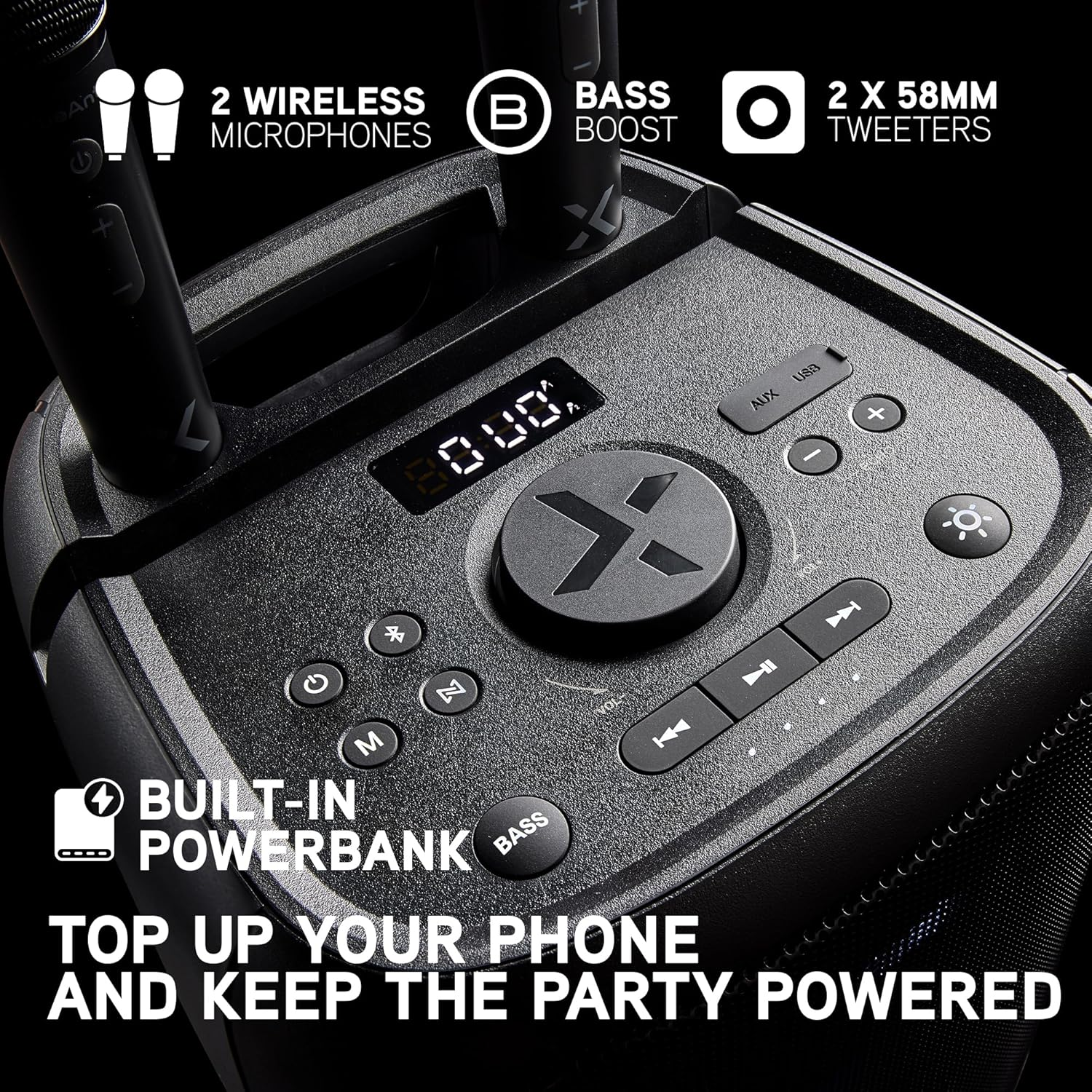 Blueant X5I 120W Bluetooth Party Speaker, Powerful Bass Boost with Dual Wireless Microphones for Karaoke, LED Light Show, Long Battery Life, Built-In Powerbank for Parties and Events, Black image number 3