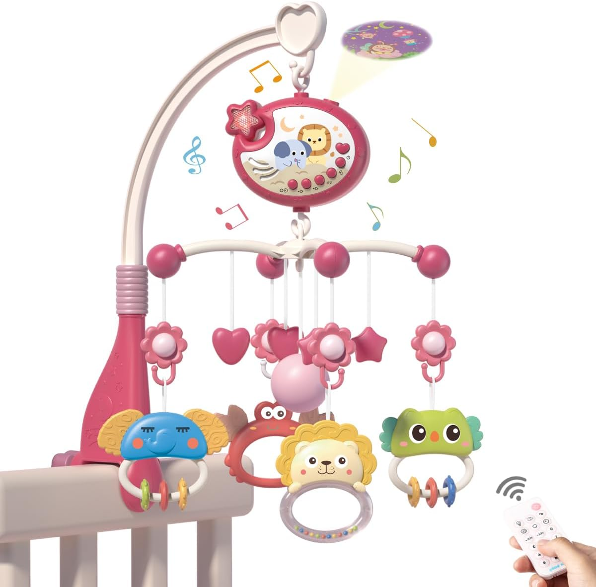 Baby Crib Mobile with Remote Control, Star Projector Timing Function, Musical Mobile for Bed with Light and Melodies, Hanging Rotating Rattles Toys for Newborns(Red)