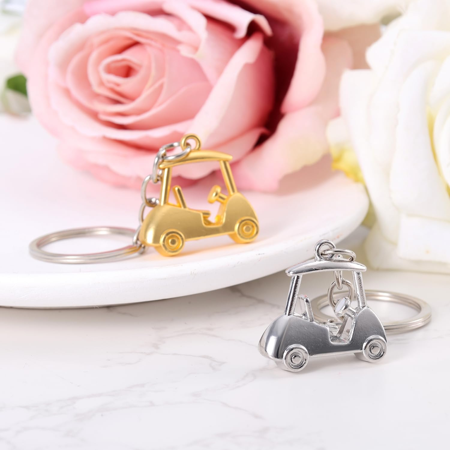 2Pcs Golf Cart Keychain, Zinc Alloy Golf Keychain Silver Gold Sparklely Golf Cart Keychain Golf Style Key Chains for Man Golf Lovers Golf Souvenirs, Silver, Gold image number 4