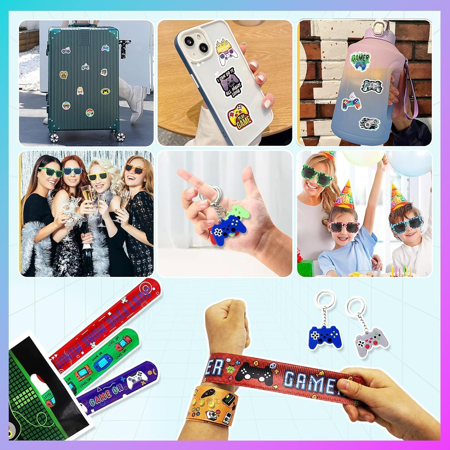 98 Pcs Video Game Party Favors, Party Favors - 12 Set of Party Supplies Included Gift Bags,Game Keychain,Slap Bracelet,Stickers,Temporary Tattoos for Birthday Party Supplies image number 3