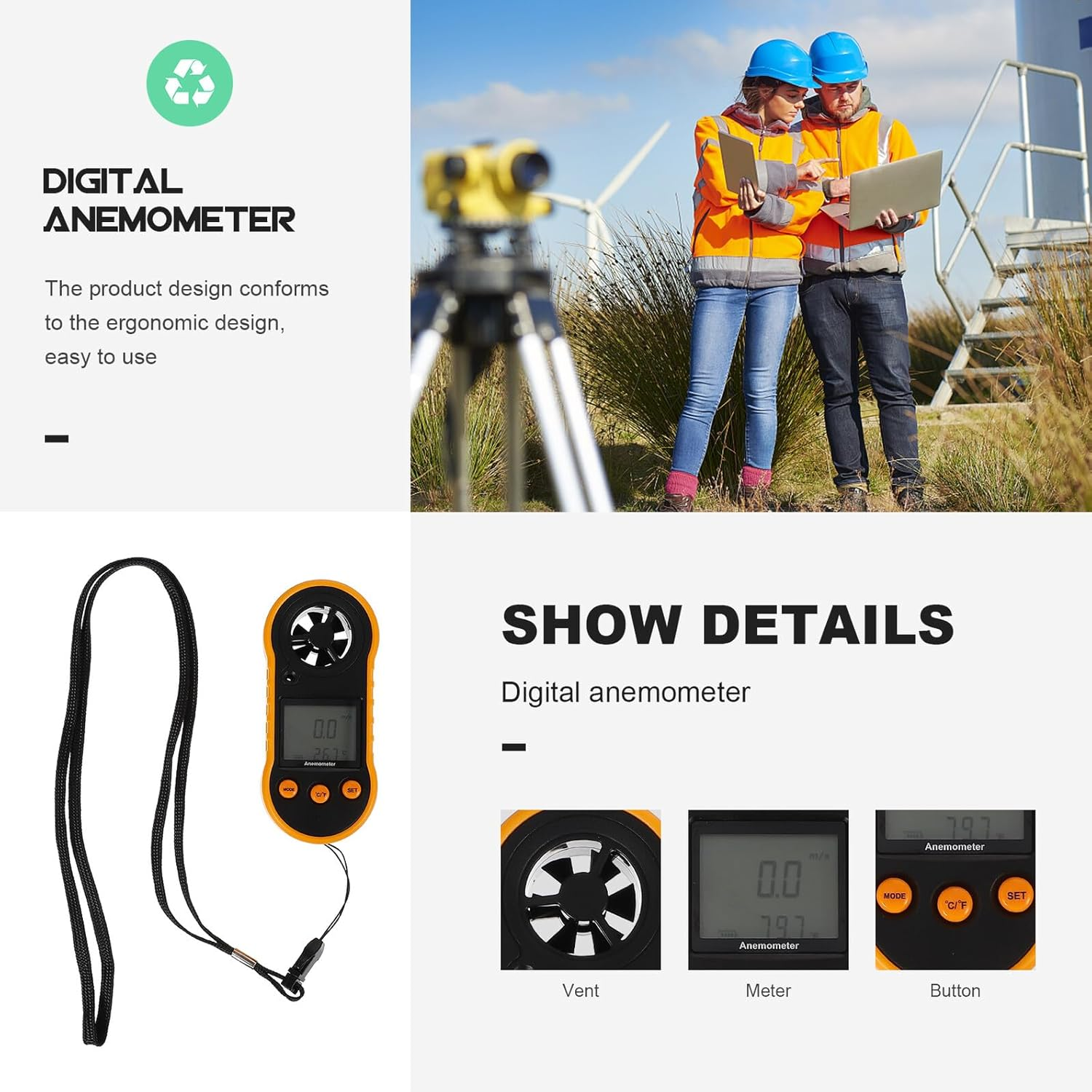 GALPADA Digital Handheld Anemometer Wind Speed with Temperature Monitor Compact Air Gauge for Accurate Airflow Measurement Ergonomic Design Units Wind Velocity Includes Protective Case And image number 4