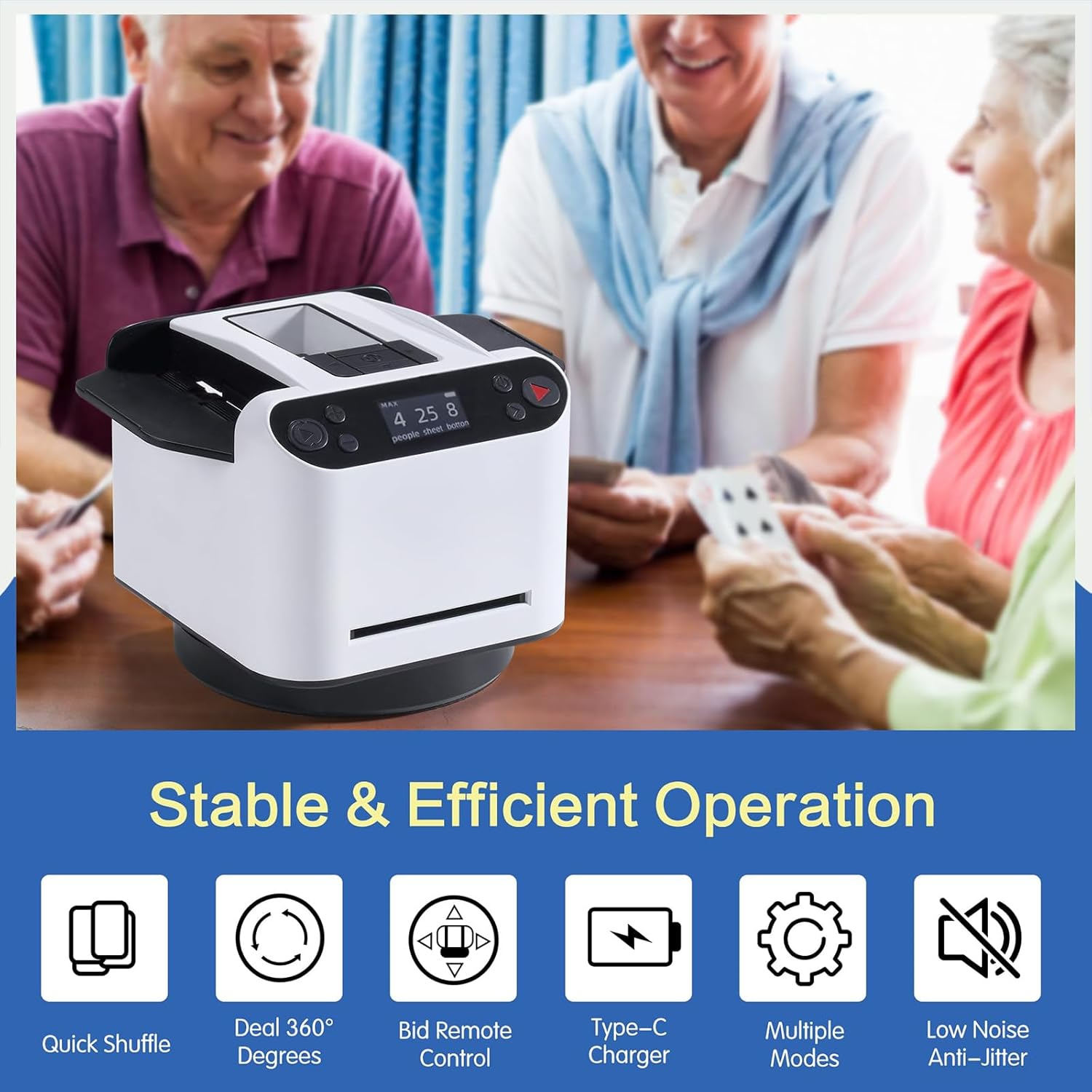 Automatic Card Shuffler & Dealer Machine 360&deg; Rotating Card Dealer with 4 Wireless Dealer Buttons, Rechargeable Card Dealing & Shuffing Machine for UNO, Blackjack, Texas Hold'Em Black