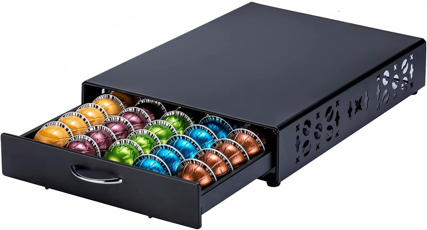 Rice Rat Coffee Vertuo Capsule Holder Drawer for Nespresso with Glass for Cabinet Vertuoline Pod Storage Rack for Counter (Class-50 Pods（With Handle）)