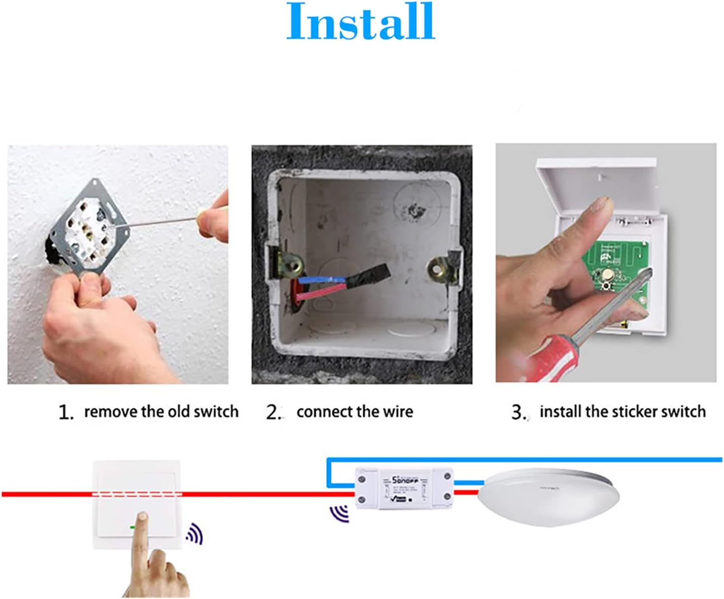 Push Button Wall Light Switch Remote Controller 1 Gang 86 Type On/Off Switch Panel 433Mhz Wireless RF Remote Control Transmitter with Stickers Free Position Flexible for Home Living Room Bedroom VCXN image number 6