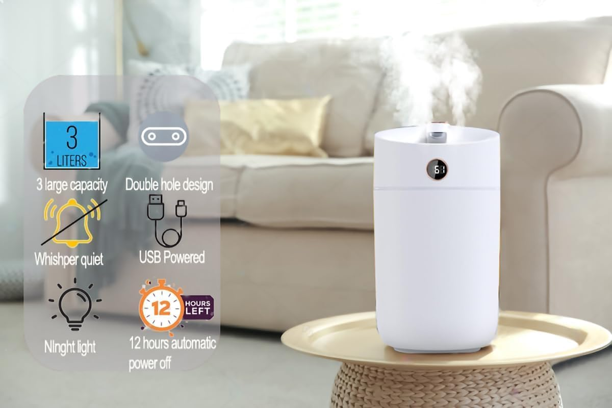 Humidifier for Bedroom Large Room, 3L Cool Mist Humidifiers Air Humidifier with Humidity Monitoring Top Fill, Quiet Operation, 7 Color Night Light Function, Auto Shut-Off, Double Nozzle, White image number 2