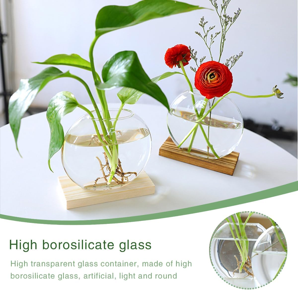 Desktop round Glass Planter Terrarium Flower Vase with Wooden Stand for Propagation Small Hydroponic Plants Home Office Decor, 2 Pack (Brown) image number 5