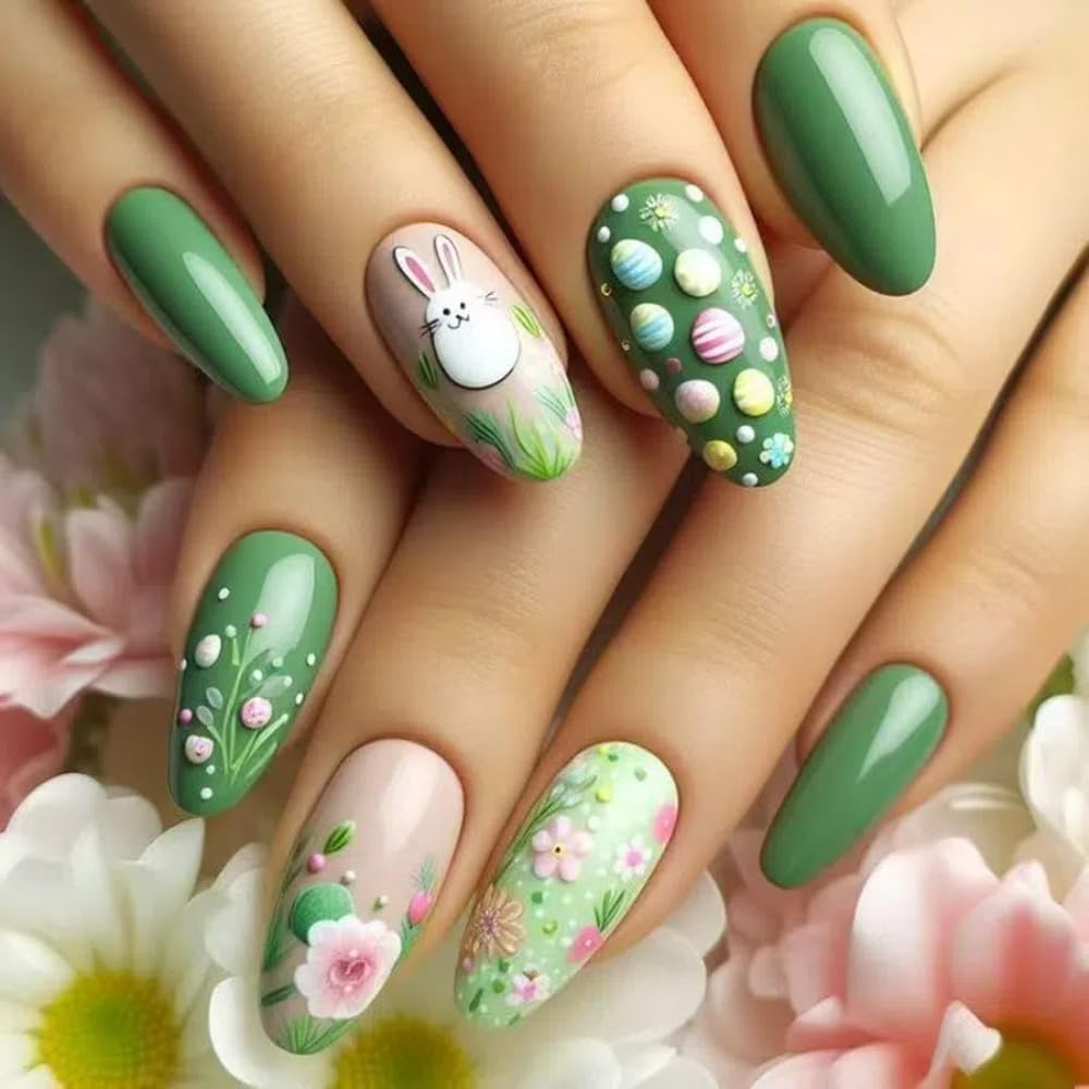 Ztcily False Nails Almond Medium Pink and Green False Nails French Manicure Rabbit Flower and Colorful Eggs Fake Nails for Easter image number 2