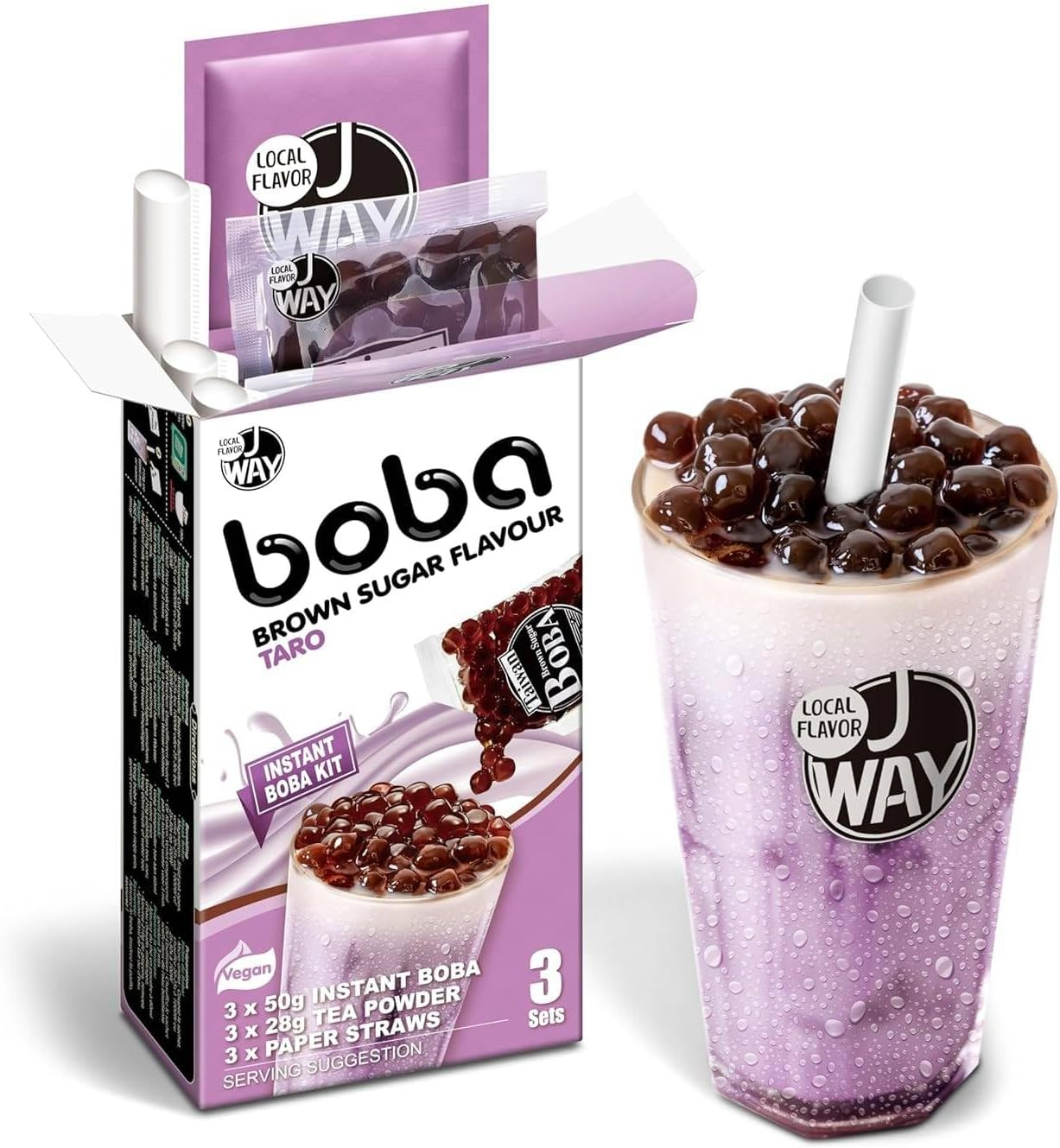 WAY Instant Boba Bubble Pearl Taro Tea Kit with Authentic Brown Sugar Tapioca Boba, Ready in under One Minute, Paper Straws Included - 3 Servings image number 6