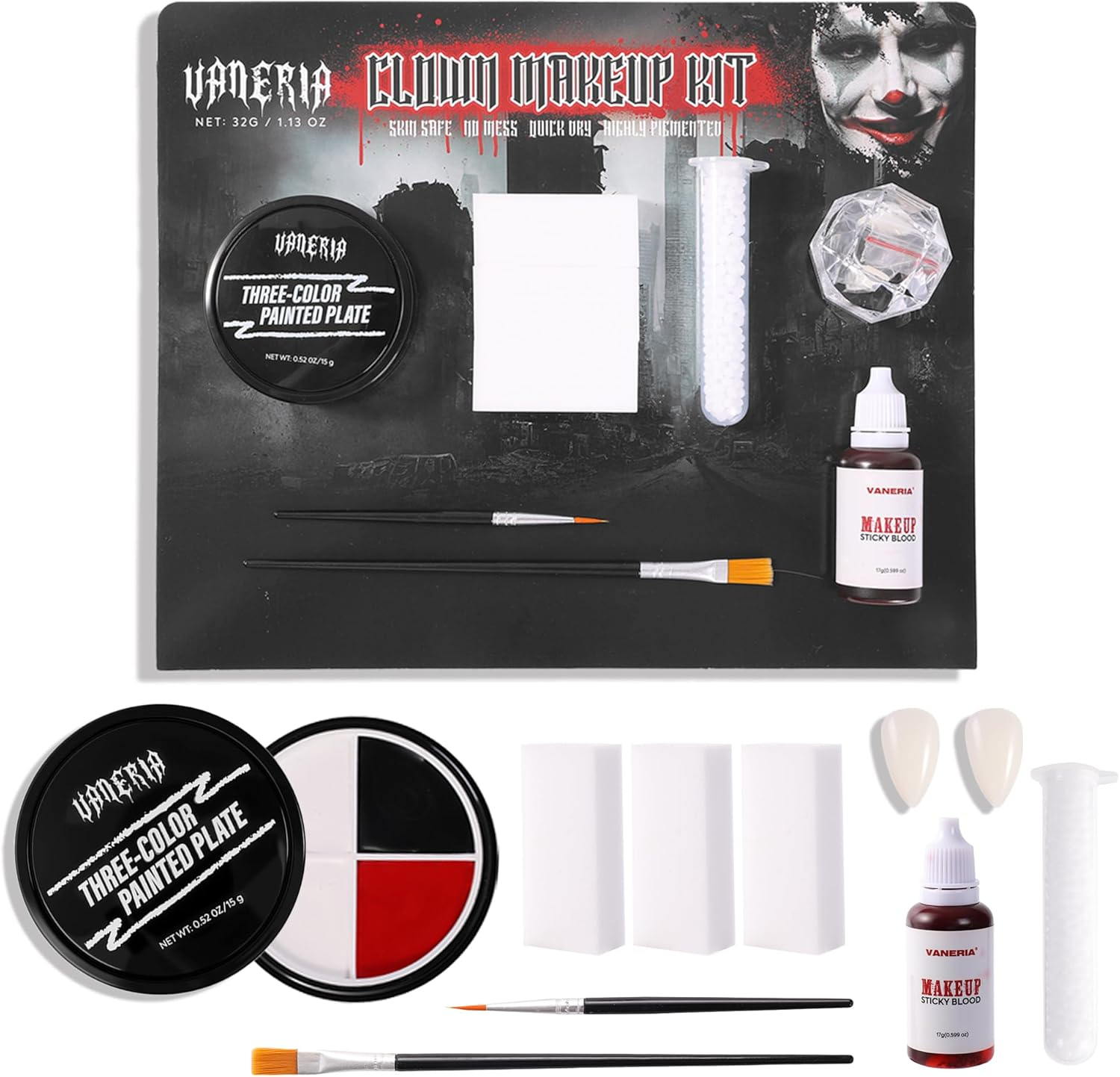 VANERIA Clown Makeup Halloween, Black White Red Cream Face Body Paint for Halloween, SFX Makeup Set with Vampire Teeth & Fake Blood, Clown Art Theater with Brushes