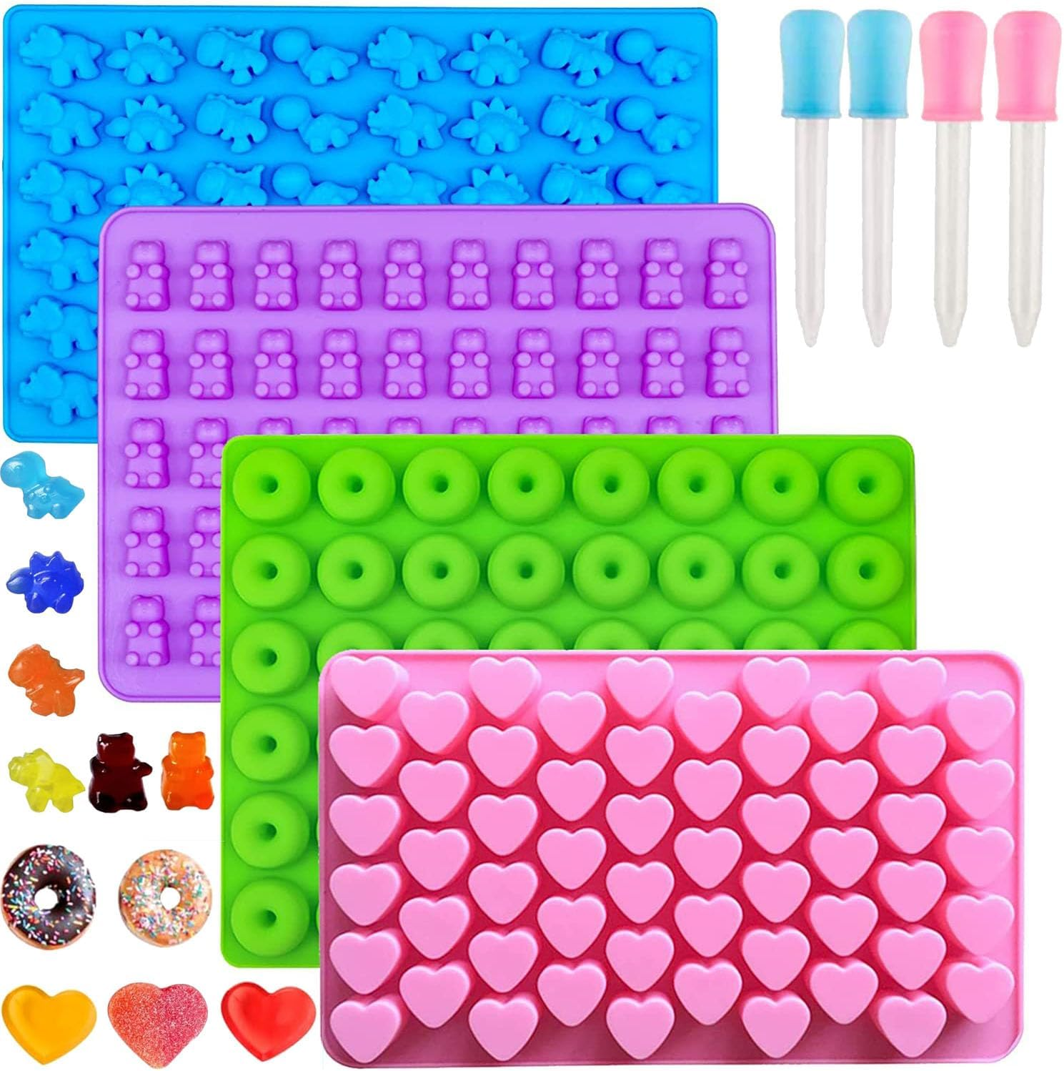Gummy Bear Mold, WADY 4Pcs Gummy Bear Candy Molds Silicone,Gummy Molds with 4 Droppers,Non-Stick Silicone Candy Molds Including Mini Dinosaur,Bear Shape,Hearts and Mini Donut Forjelly,Candy, Chocolate image number 5
