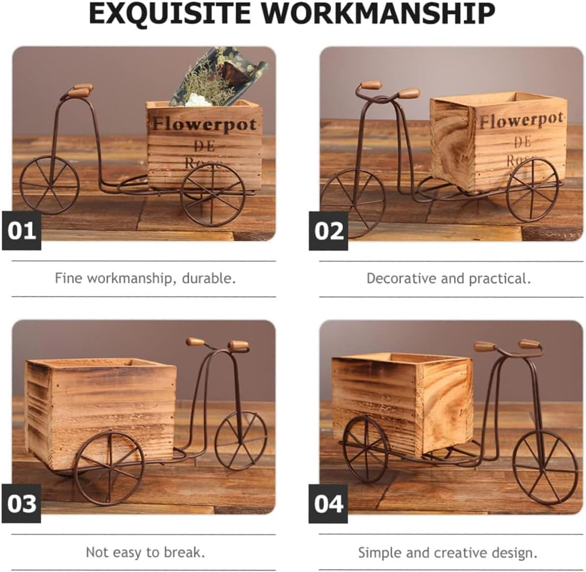 AIMALL Old Vintage Iron Bicycle Planter - Rustic Wooden Desktop Pot for Silk Flowers and Succulents - Decorative Display for Home and Office - Dimensions: 9.45 X 4.33 Inches image number 2