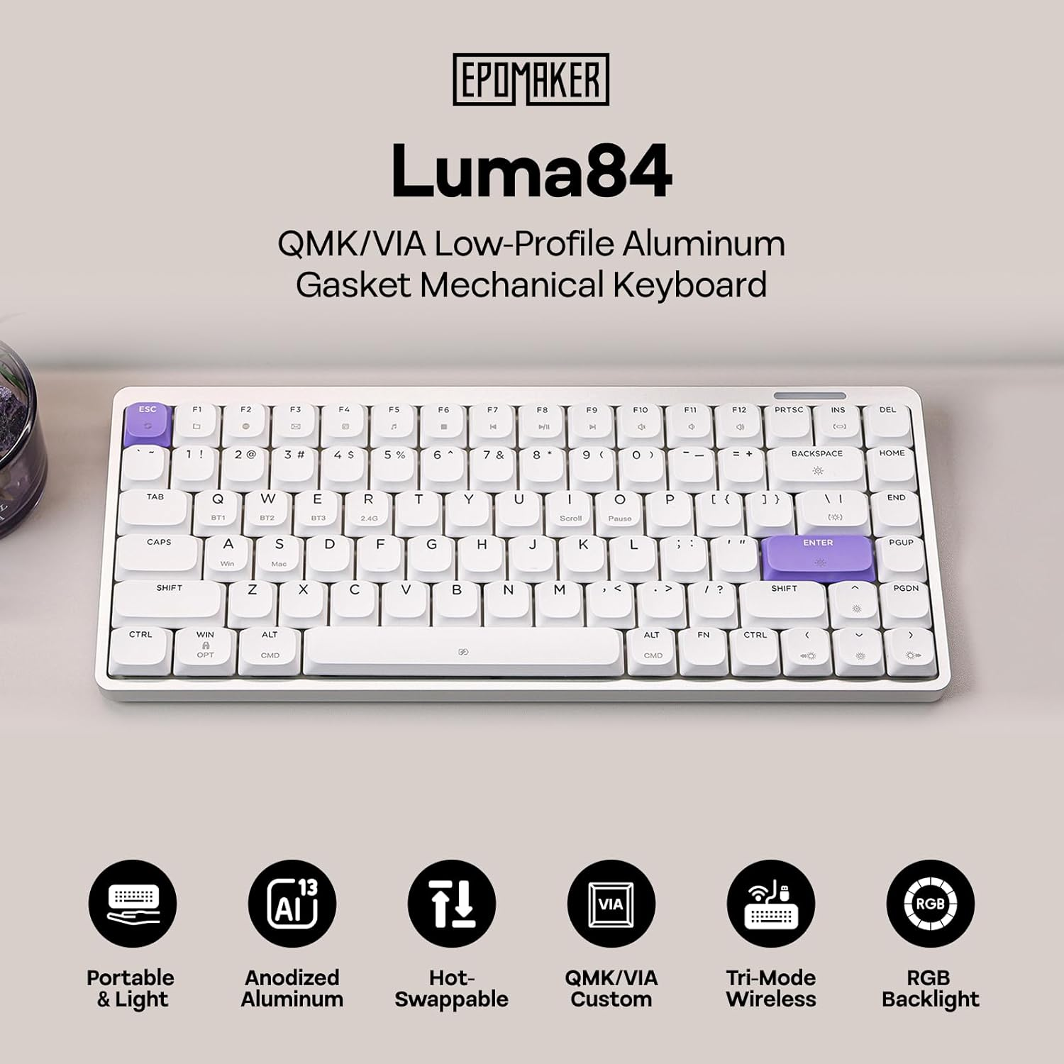 EPOMAKER Luma84 Low Profile Aluminum Mechanical Keyboard, QMK/VIA Programmable, Tri-Mode Wireless, Win/Mac/Linux Compatible, Hot-Swappable (White&Purple, Gateron Low-Profile Red Switch)