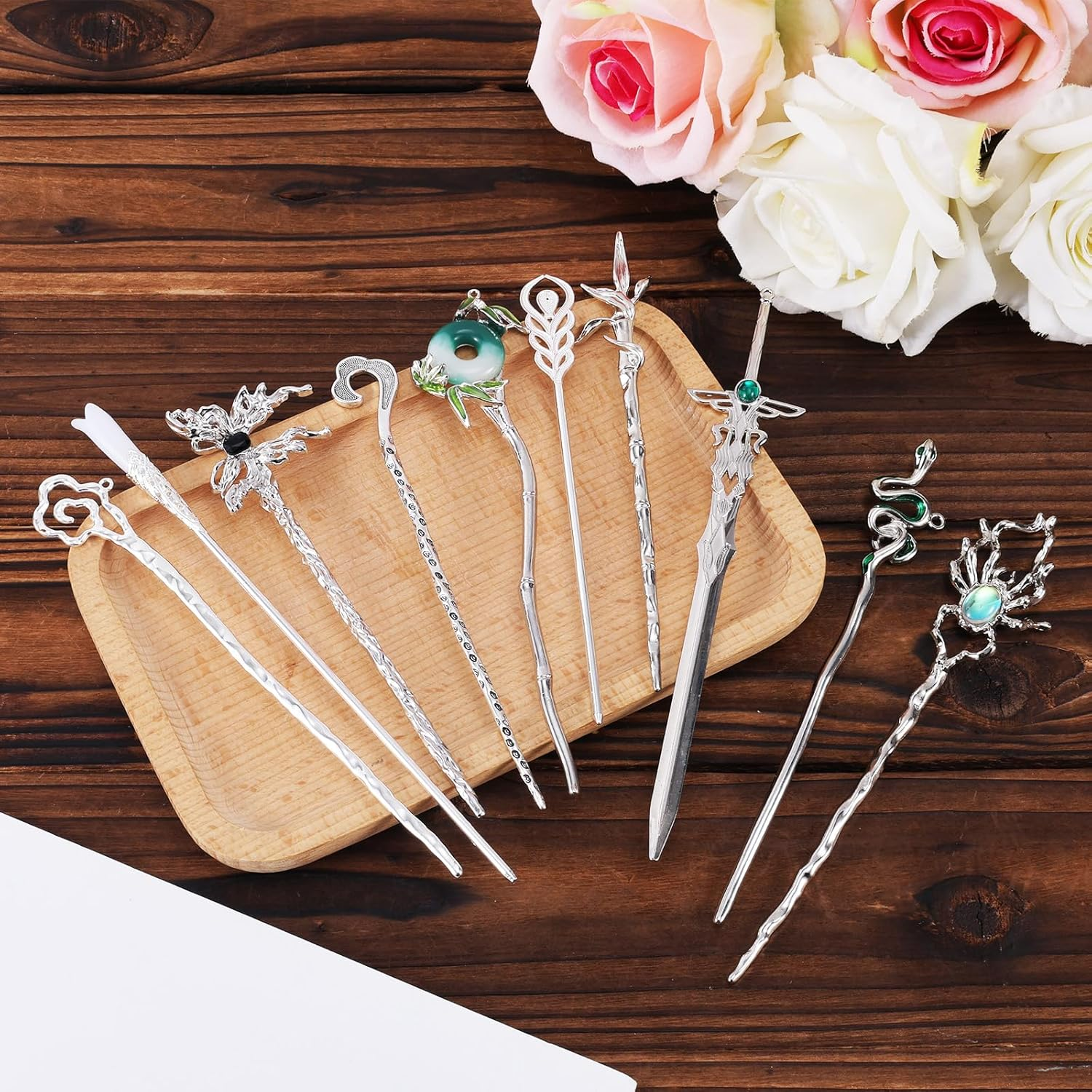Mikovivi 10 Pcs Chinese Hair Sticks, Silver Metal Hanfu Decorative Hair Pins Snake Butterfly Flower Jade Stone Vintage Hair Chopsticks Elegant Asian Japanese Hairstyles Accessories for Women image number 6