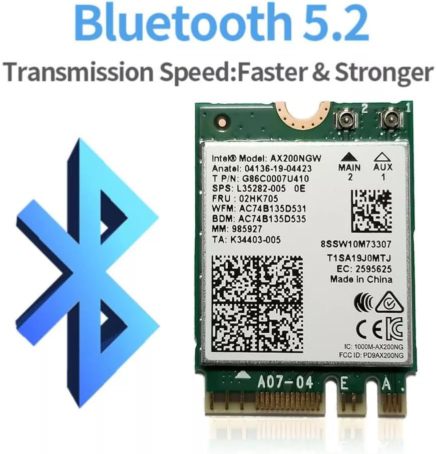 Intel Wifi 6 AX200 M.2 Adapter Card, Dual Band 802.11Ax, up to 2.4 Gbps, Bluetooth 5.2, Windows 10/11 Compatible