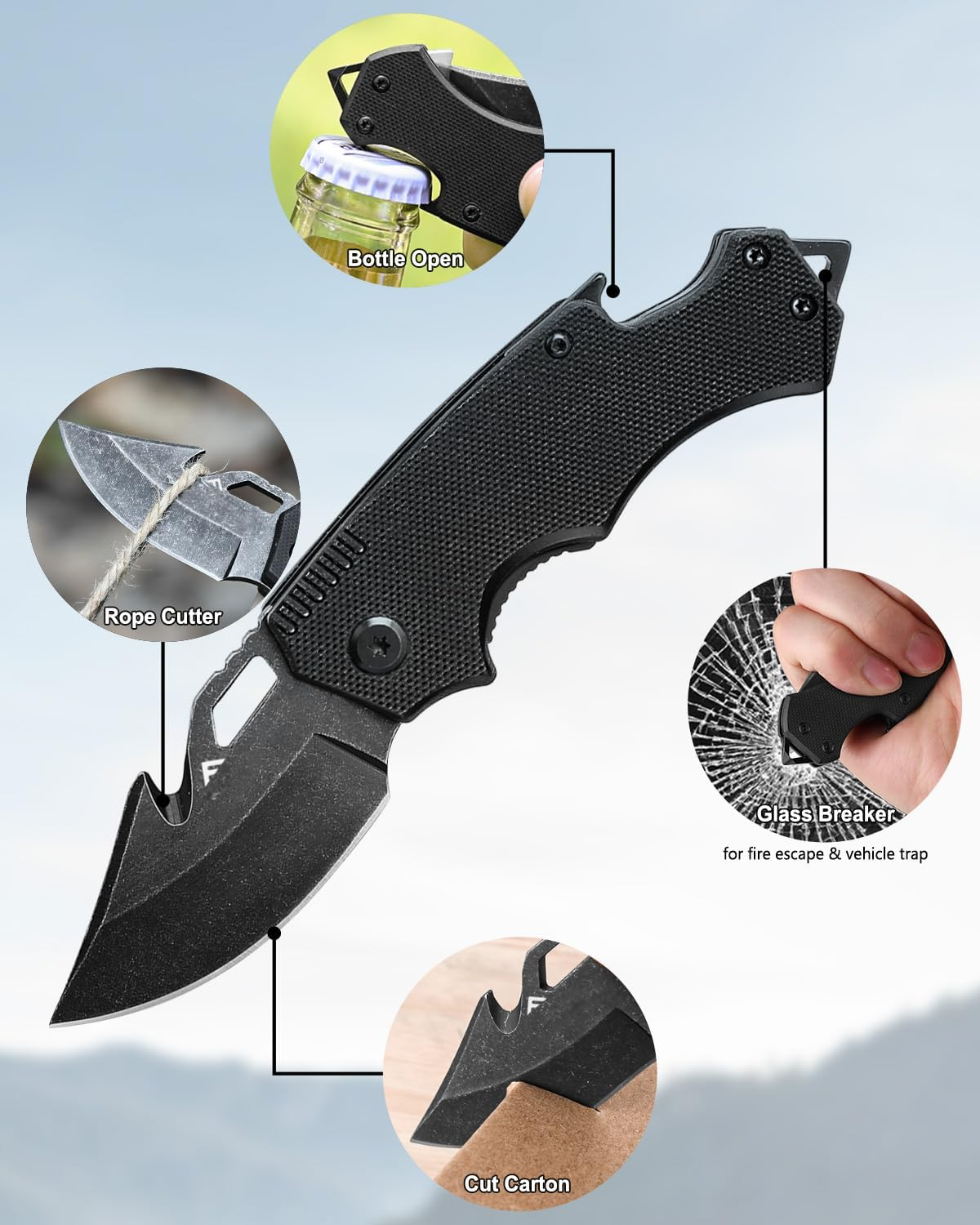 FLISSA Mini Folding Pocket Knife, 2.5-Inch Stainless Steel Drop Point Blade, Pocket Knives for Men with Bottle Opener and Glass Breaker image number 4