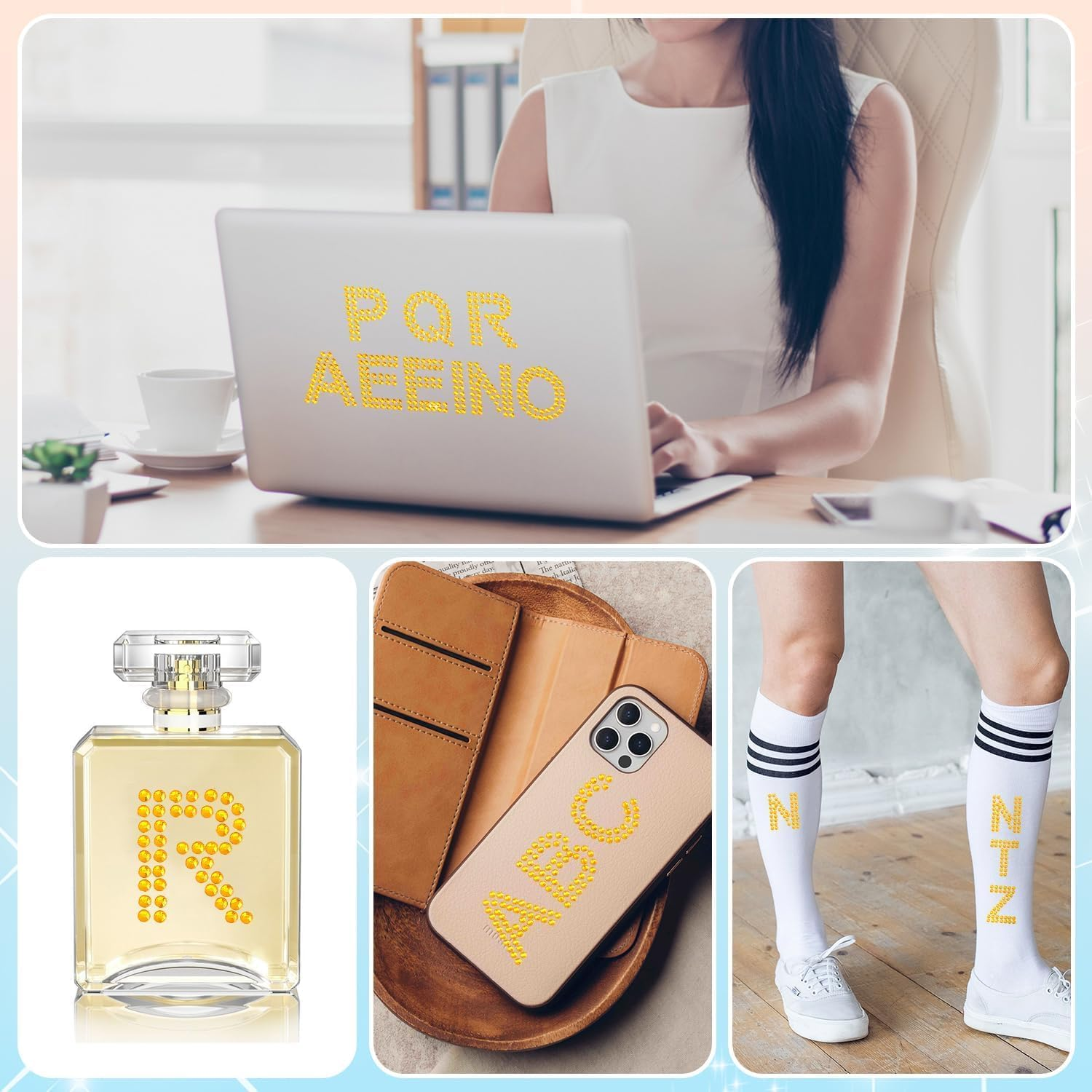 Wzenclave 6 Sheets Rhinestone Letters Stickers, Glitter Self Adhesive Diamond Alphabet Stickers Crystal Gem Border Sticker,Diy Decorative Self-Adhesive Sticker, Used for Suitcases, Books, Clothing image number 1