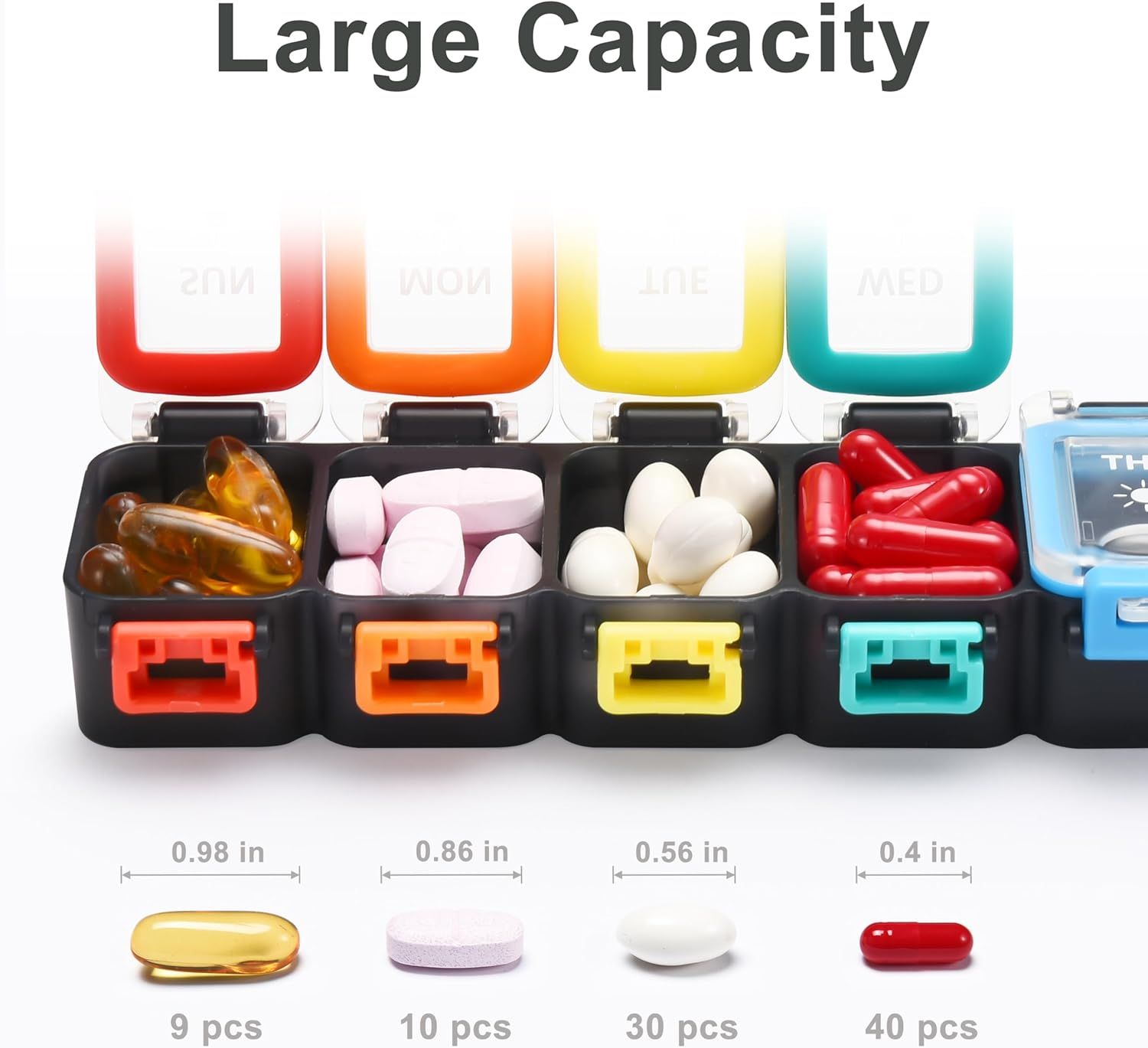 Fullicon Moisture Proof Pill Organiser 2 Times a Day, Large Pill Box 7 Day, Spill Proof Pill Organizer, Travel Pill Container, Medicine Pill Case with Secure Lids, Daily Pill Organizer (Rainbow Black) - Rainbow Clear image number 2