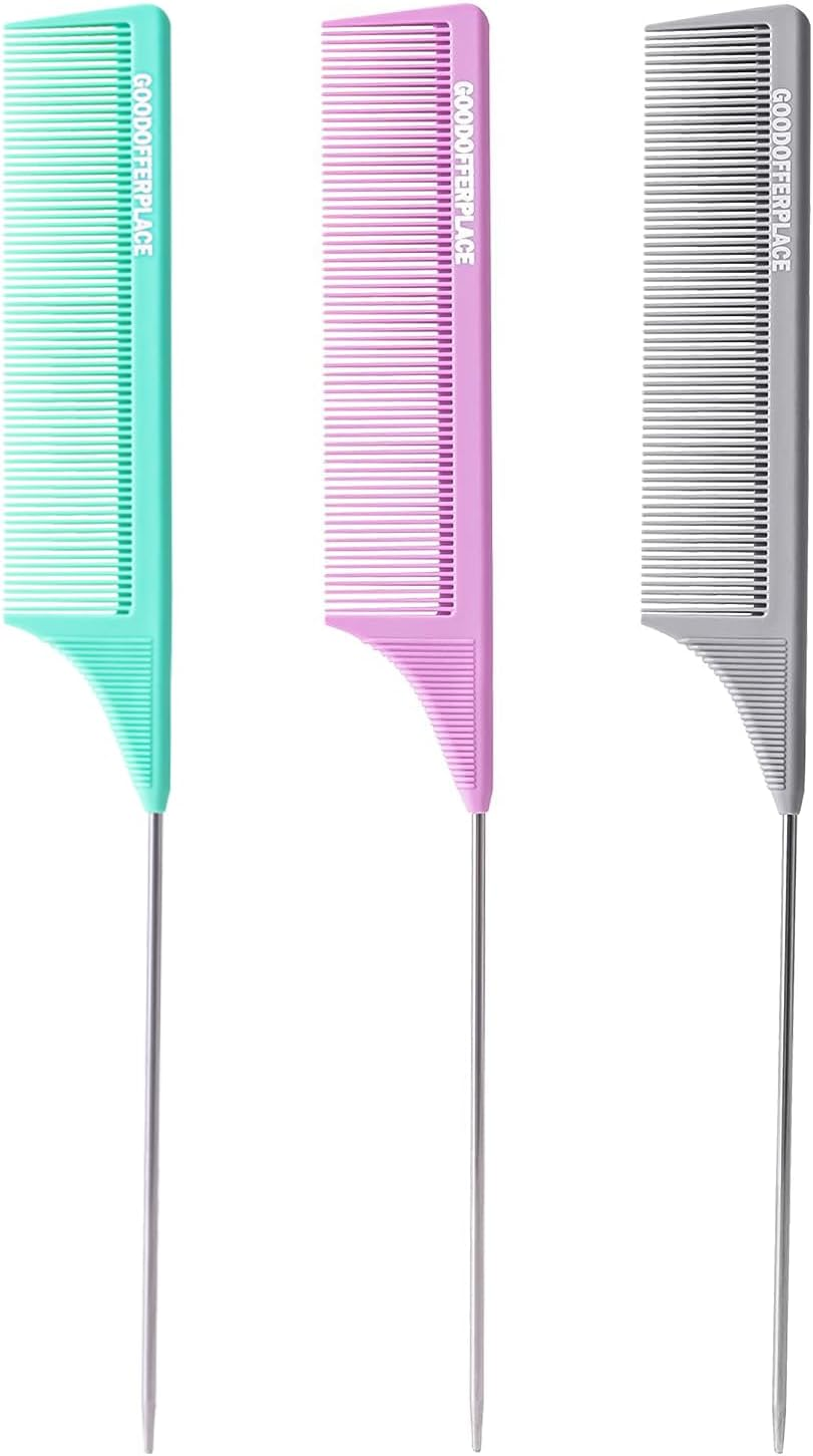 Goodofferplace 3 PCS Rat Tail Combs: Parting, Rattail, Teasing Combs with Metal Pick for Curly Hair, Detangling, Braiding, Styling (Pink, Purple, Green)