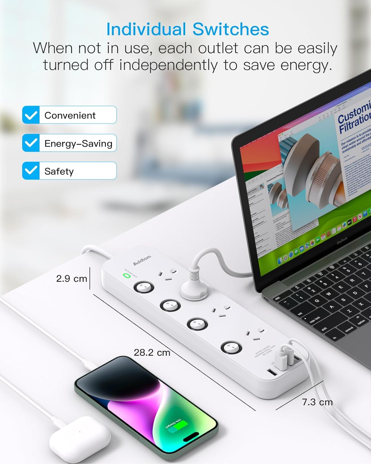 Addtam Power Board Individual Switch,Power Strip with 4 AC Outlets, 2 USB a and 2 USB C,Surge Protector 1.2M Extension Cord, 350 Joules,Overload Protection,Powerboard for Home and Office Use (White) image number 4