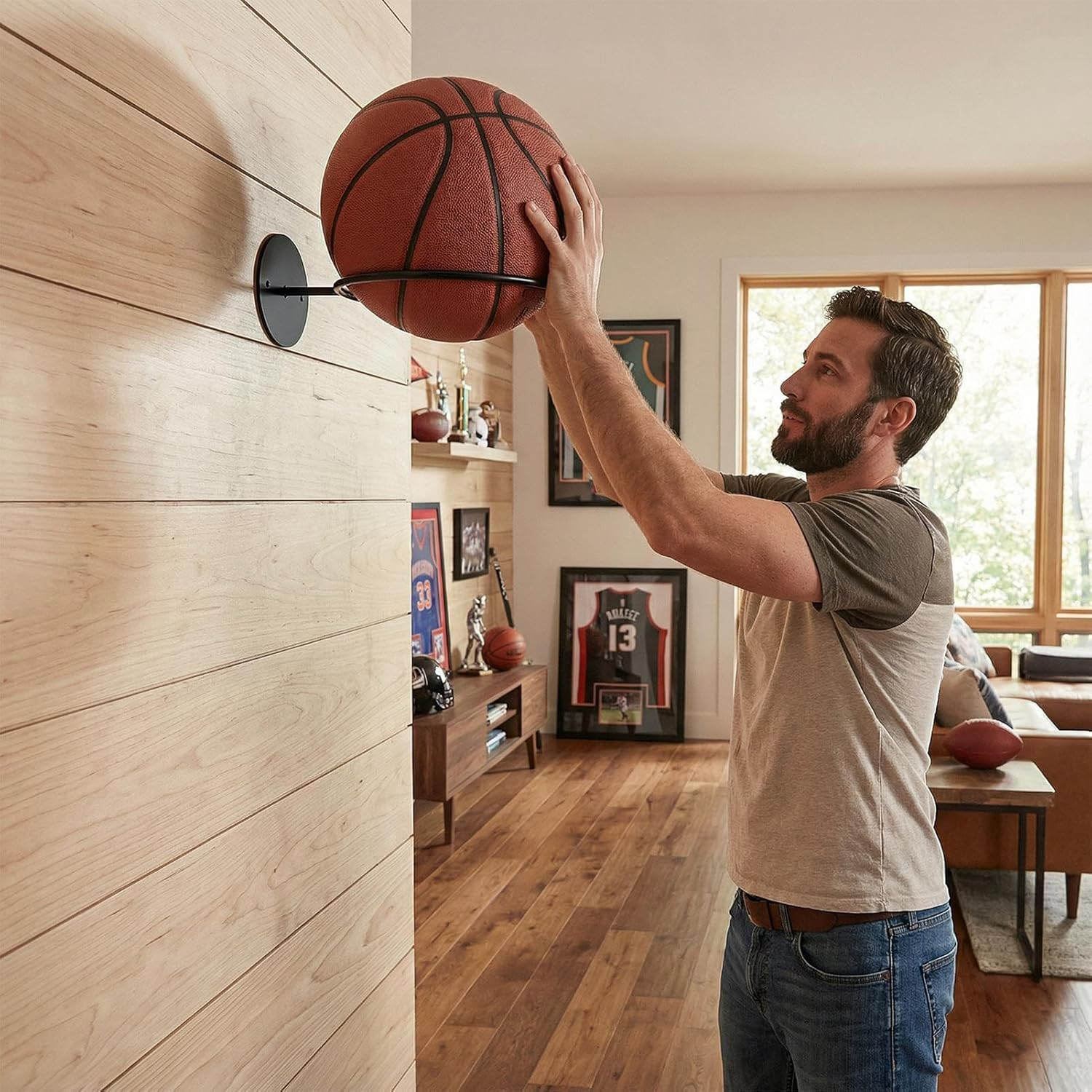 Ball Storage Holder Wall Mount - Wall Mounted Basketball Hoop, Metal Soccer Holder, Ball Stand | Boys Sports Accessories Organizer for Soccer Baseball Sports Room Home Gym Bedroom Indoor Display - A image number 7