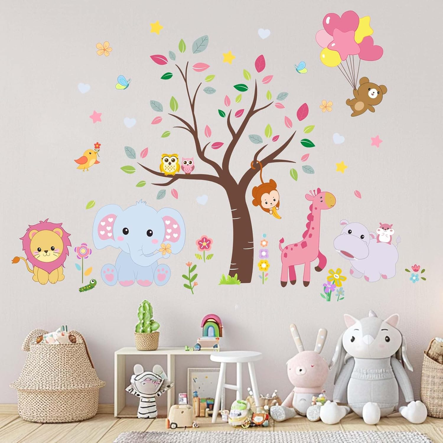 Pink Animals Baby Wall Stickers - Forest Lion Elephant Monkey Hippo Wall Decals - Girls Baby Nursery Kids Room Wall Decor image number 5