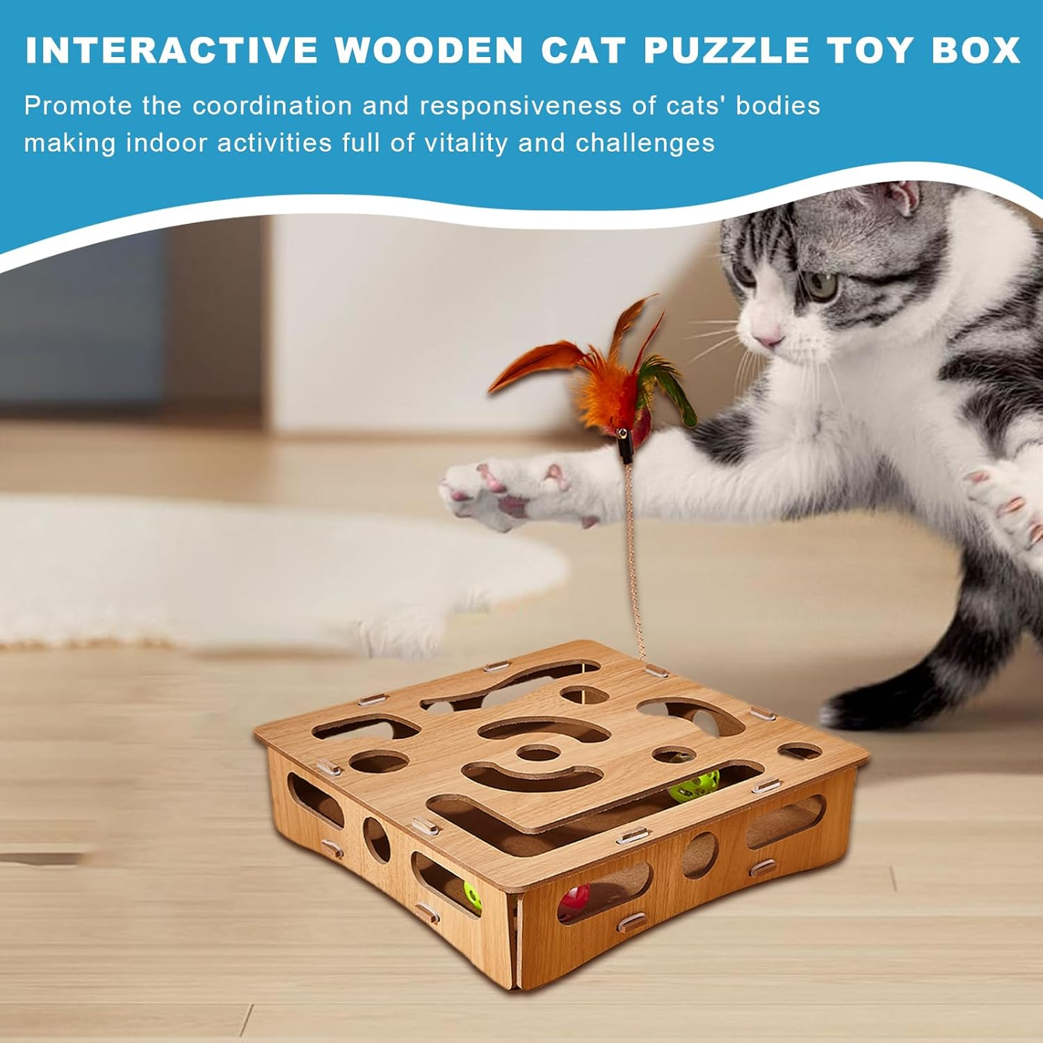 Puzzle Toys for Cats - Kitten Maze Toys,Wooden Puzzle Play Enrichment Supplies Fun Boredom Relieving Maze Box Game for Smart Cats image number 3