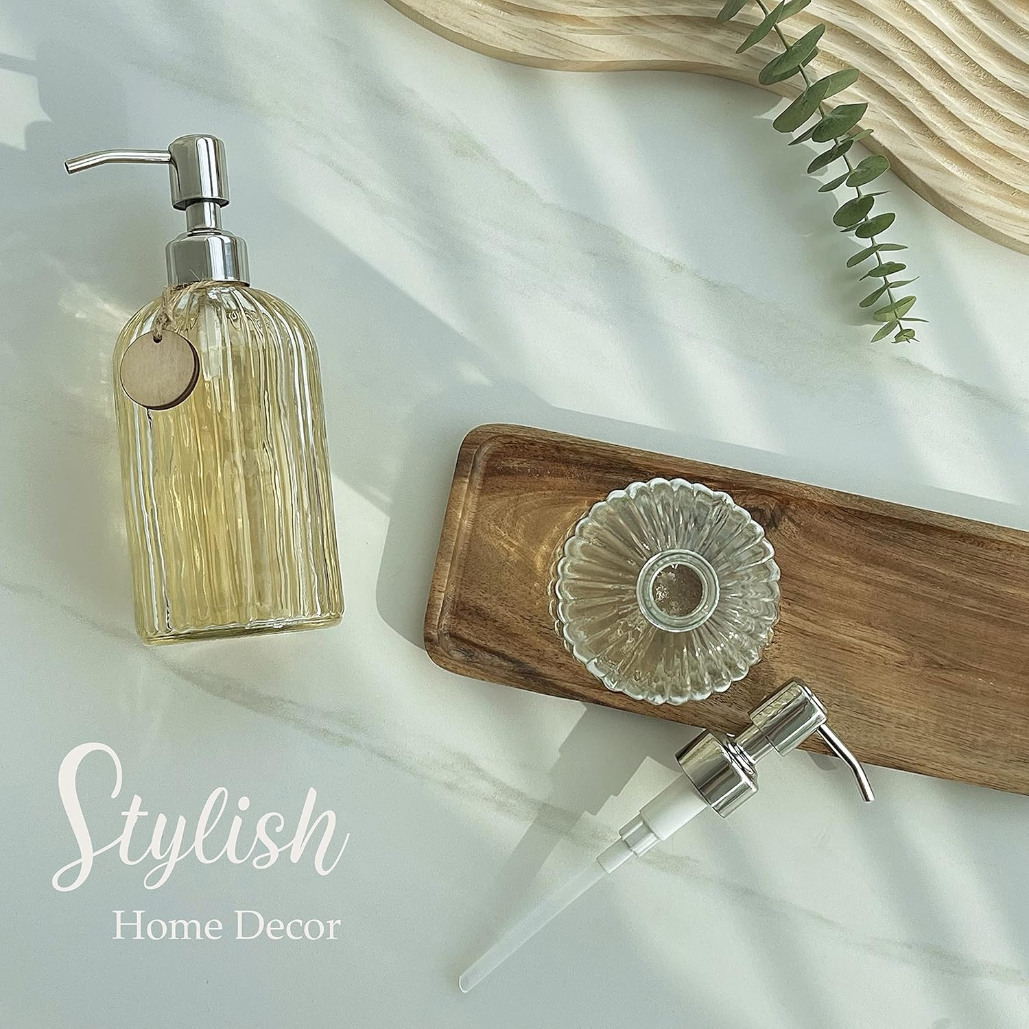 JASAI 2PACK 18 Oz Glass Soap Dispenser with Rust Proof Stainless Steel Pump, Refillable Hand Soap Dispenser with Vertical Stripe, Premium Bathroom Soap Dispenser for Kitchen & Bathroom image number 5