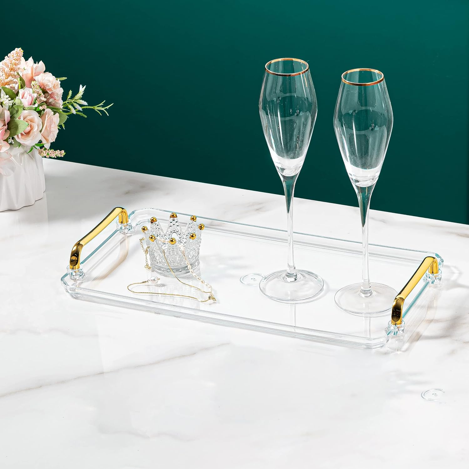 Acrylic Serving Tray with Handles Ottoman Countertop Decorative Tray Serving Tray Spill-Proof Tray for Coffee Table Living Room Bedroom 16 X 9 X 0.8 Inches - (Transparent Color) - Amber image number 7