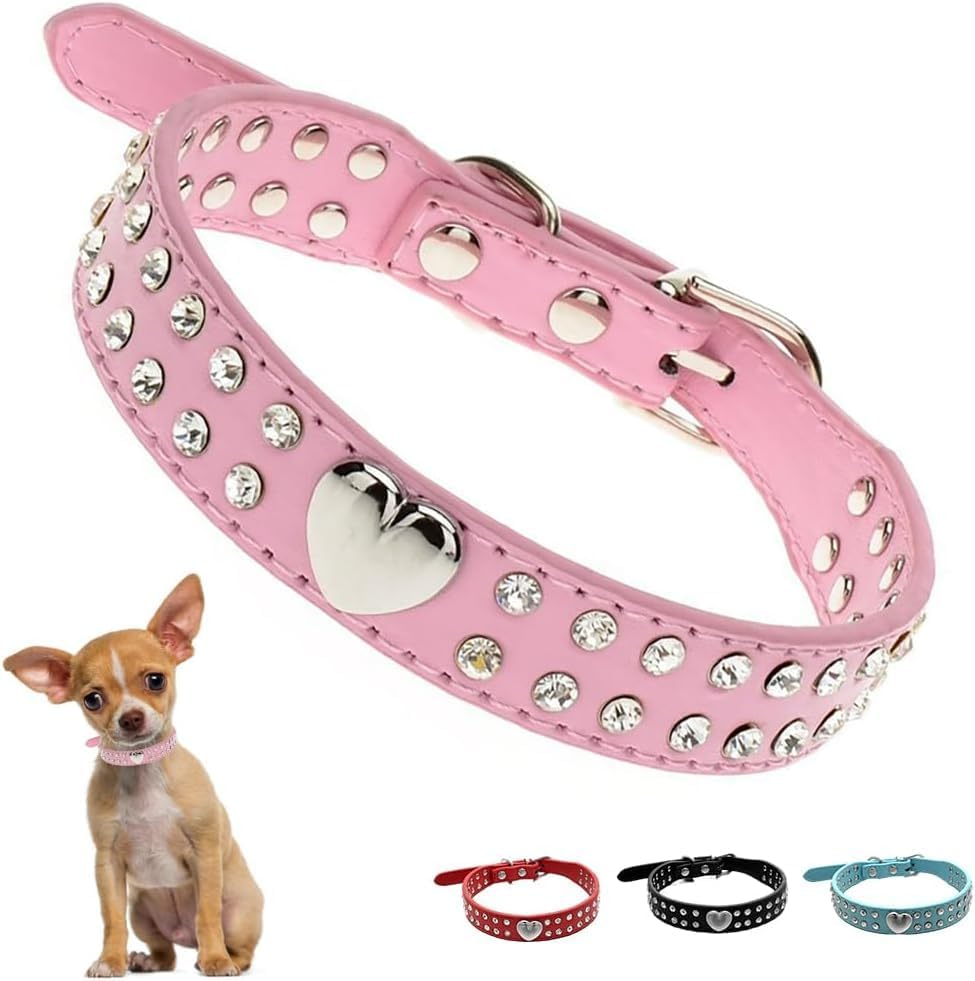 Rhinestone Dog Collar for Small Dogs, Heart Bling Diamond Fancy Crystal Glitter Pretty Jewel Pet Puppy Collars for Small Dogs Cats (Pink, 42 * 2.0(CM)) image number 3