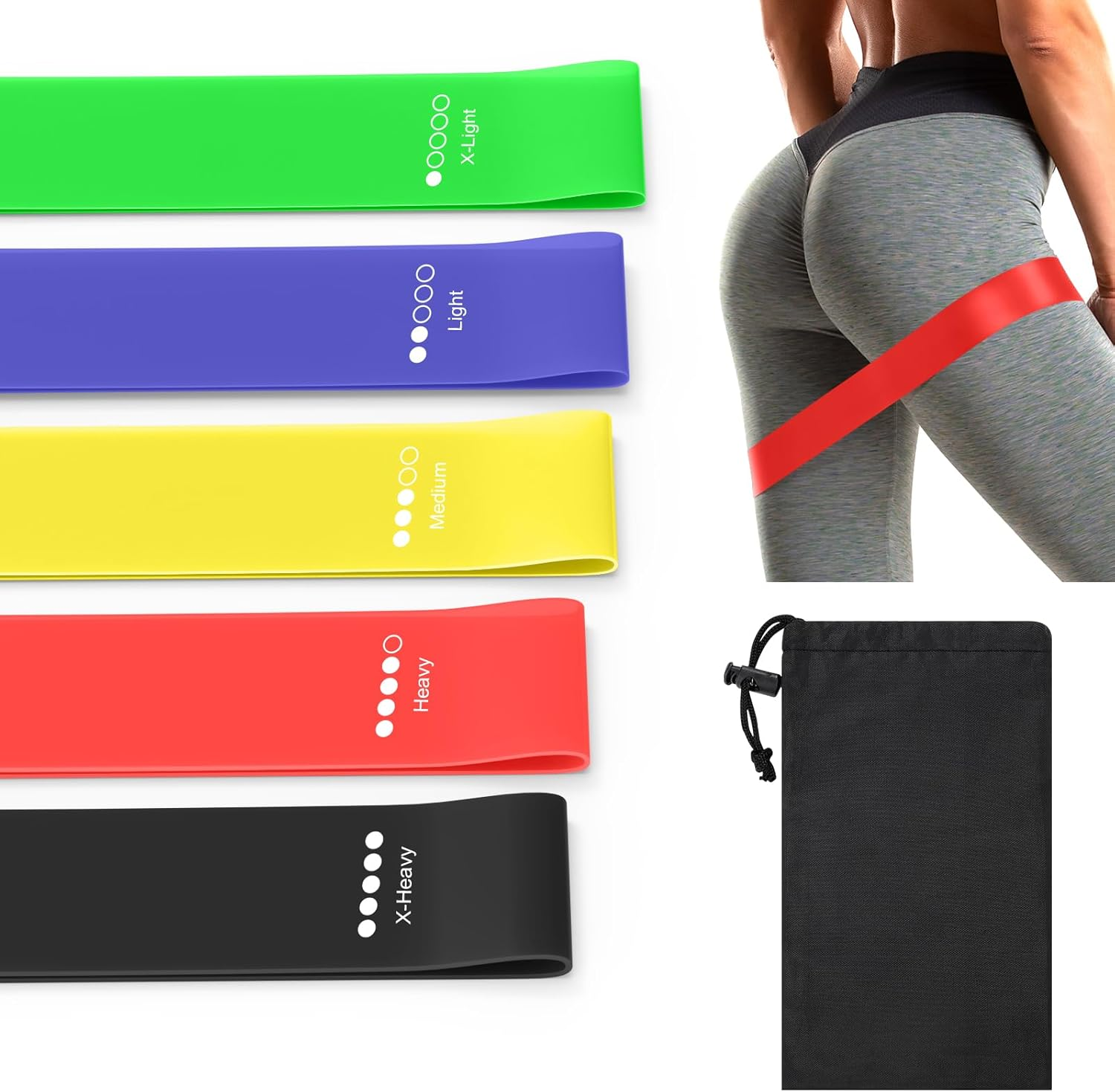 Resistance Bands, [Set of 5] Skin-Friendly Resistance Fitness Exercise Loop Bands for Women and Men, 5 Different Strength Levels, Carry Bag Included, Ideal for Training,Pilates, Gym, Yoga image number 1