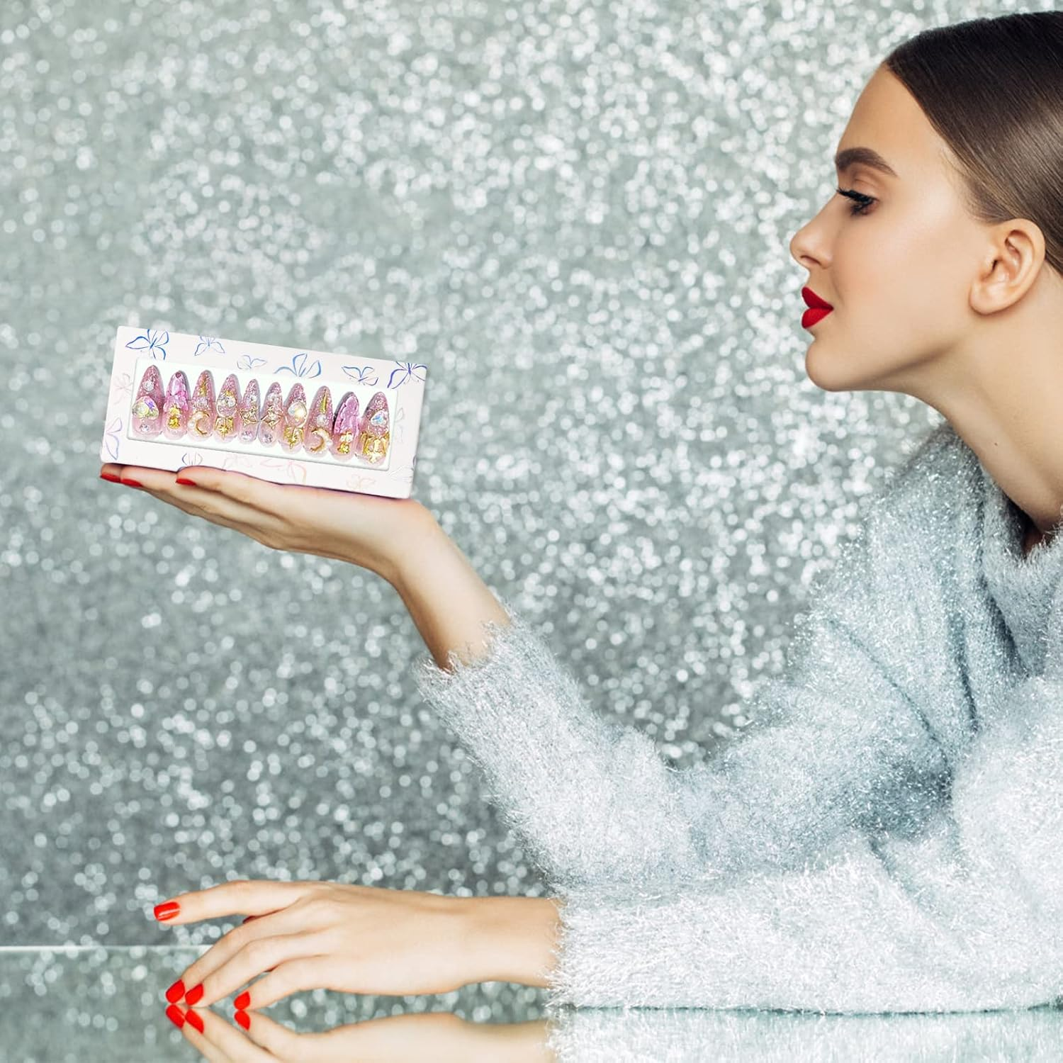 HLQHXWHZT 71 Pcs Empty Press on Nails Packaging Box 35 Pcs White Background Papers and 1 Double Sided Tape, Empty Nail Package Box Set for Press on Nail Business (White)&hellip; - Black Square image number 4