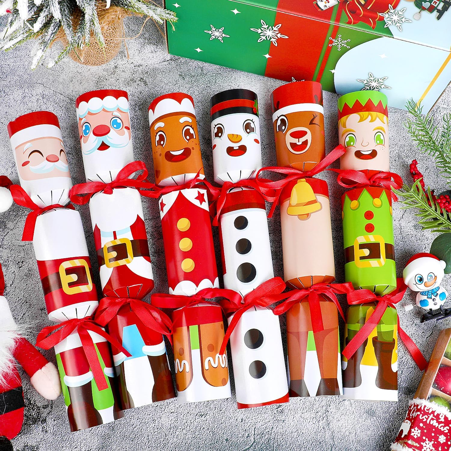 VEYLIN Christmas Crackers, 6 Pack Christmas No-Snap Crackers Crackers for Kids Party Table Favor with Wind up Toys, Party Hat & Joke Christmas Seasonal Holiday Dinner Traditions image number 1