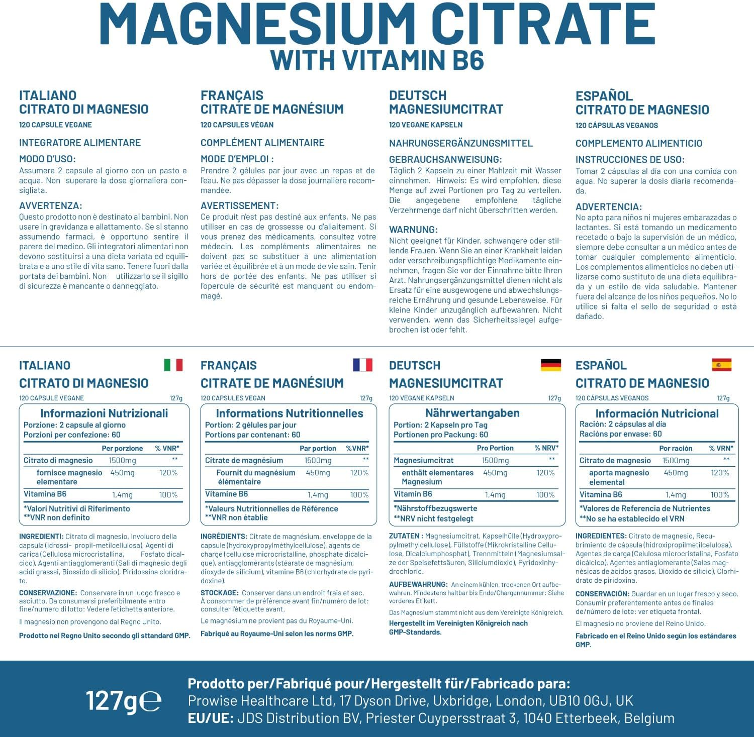 Magnesium Citrate Capsules 1500Mg with Vitamin B6 | 120 Vegan Capsules | 450Mg Elemental Mg | High Strength Magnesium Supplements for Women & Men | Capsule Not Tablets | Made in UK by Prowise