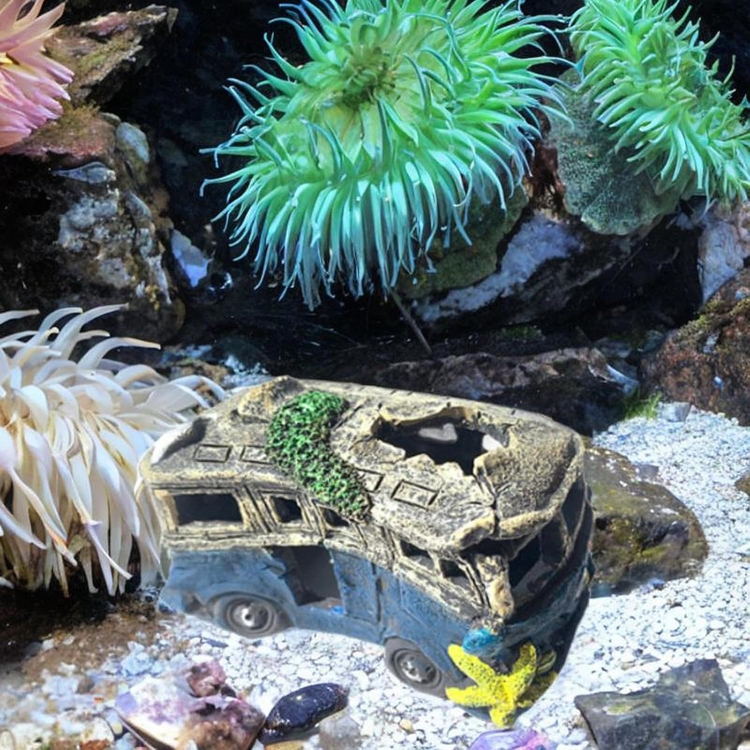 Fzaqwen Fish Tank Ornament Featuring Auto Wreck for Betta and Prawn, School Bus - Car image number 2