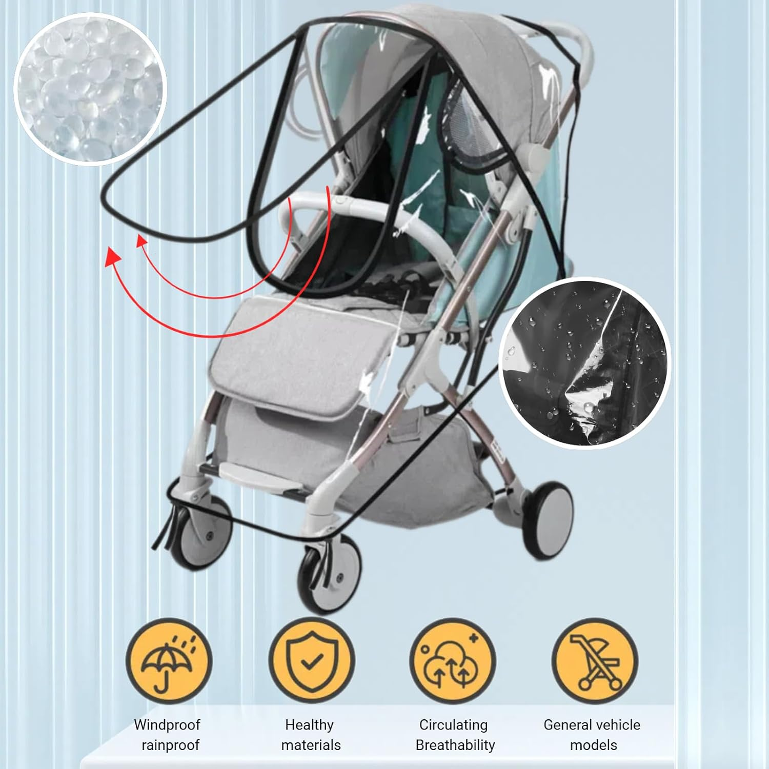 Universal Baby Stroller Rain Cover - EVA Material with Front Zip Opening, Windproof Waterproof Dustproof Clear Transparent Protection for Travel Weather Shield - Fits Most Pushchairs, Prams, Buggies image number 4