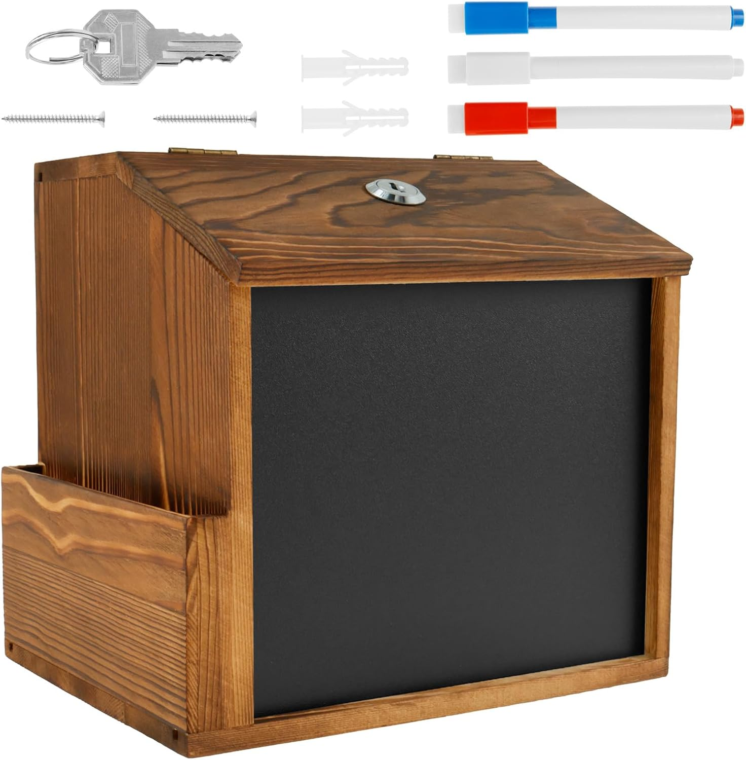 Wood Suggestion Box with Slot and Lock, Countertop or Wall Mounted Ballot Box with Chalkboard, Donation Box for Saving Fundraising, Multifunctional Comment Box with Chalkboard Vintage image number 6