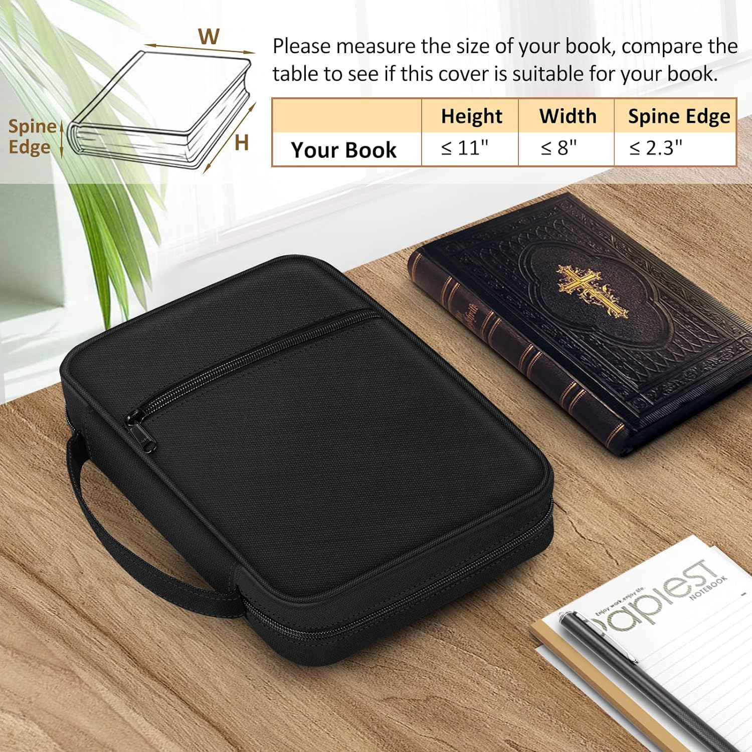 FINPAC Bible Cover, Carrying Book Case Church Bag Bible Protective with Handle and Zippered Pocket, Mother Kids Girls Women (Black) - Black  Brown image number 5