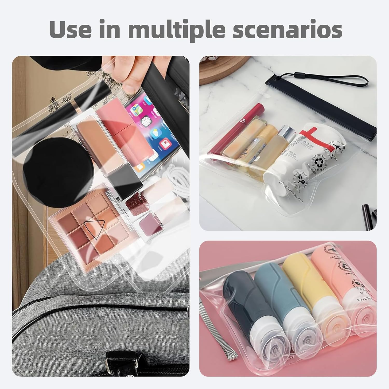 Luojinluoda Clear Travel Toiletry Bag - Airport Security Liquids Bag 20X20Cm TSA Approved, Travel Essentials Toiletry Bag for Men & Women, Travel Toiletry Bag with 2Pcs Black/Grey, Travel Accessories image number 1