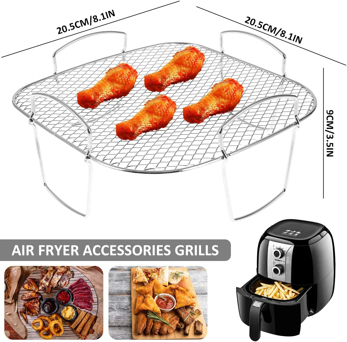 Air Fryer Rack Grilling Rack Stainless Steel Dehydrator Rack Multi-Purpose Cooking Rack Toast Rack Air Fryer Accessories Sturdy Square Rack Dishwasher Safe for Air Fryer Baking image number 1