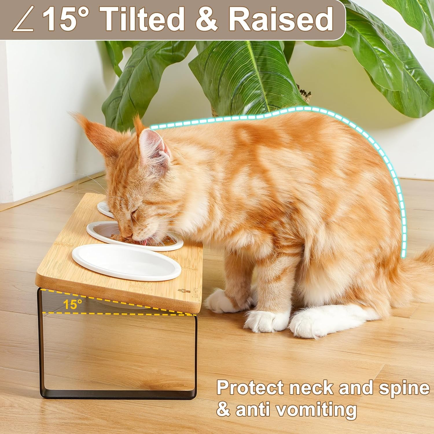 Sunhoo Raised Cat Food Water Bowl Elevated Tilted Kitty Dishes Set of 3 Ceramic Dish for Indoor Cats Orthopedic Pet Food Stand Reduces Vomiting 3 Bowl Cat Feeder Easy Assembly(Wood Color) - Wood Color image number 3