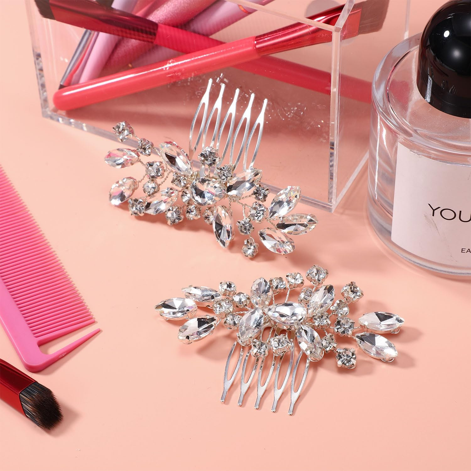 2Pcs Bridal Hair Comb, Silver Wedding Rhinestone Hair Comb Flower Crystal Hair Piece Bridal Headpieces Hair Accessories for Bride Bridesmaids Women Wedding Prom Engagement image number 2