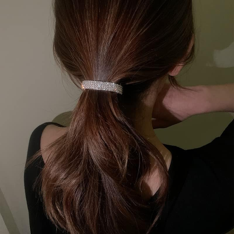 Wendalern Boho Rhinestone Ponytail Holder Cuffs Geometric Hair Holder Clip Headband Silver Crystal Ponytail Hair Band Wedding Ponytail Hair Clip Hair Accessories for Women Girls image number 4