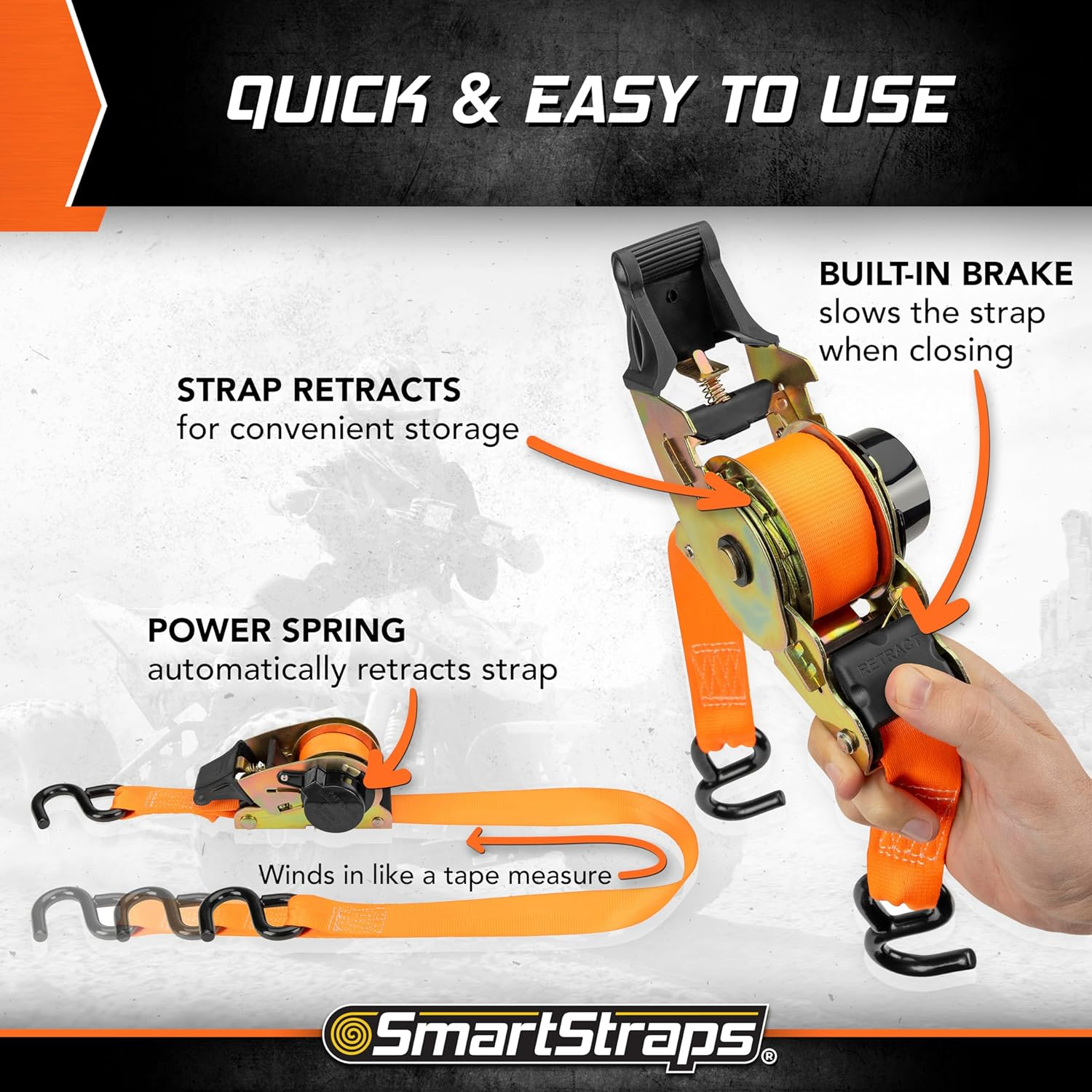 Smartstraps 10&rsquo; Retractable Ratchet Straps, 2 Pack &ndash; 3,000Lb Break Strength, 1,000Lb Safe Work Load &mdash; Haul Motorcycles, Boats, and Appliances with Patented Technology Heavy Duty Ratchet Straps image number 2