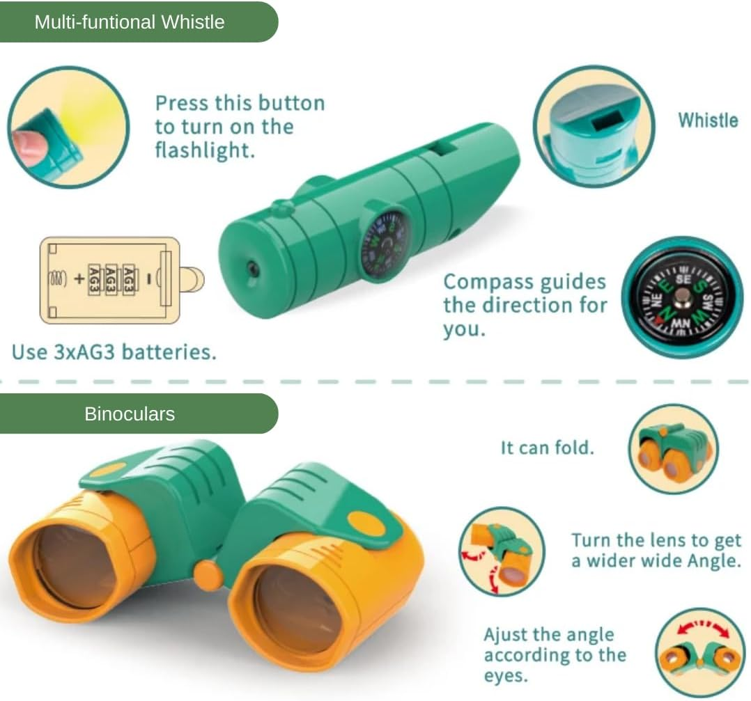 Why2Wise Bug Catcher Kit for Kids - Outdoor Explorer Kit with Insect Box,Binoculars, Magnifying Glass, Net, Tweezers, Clamp, Whistle - Educational Toy 3+ Years Old Boys Girls image number 5