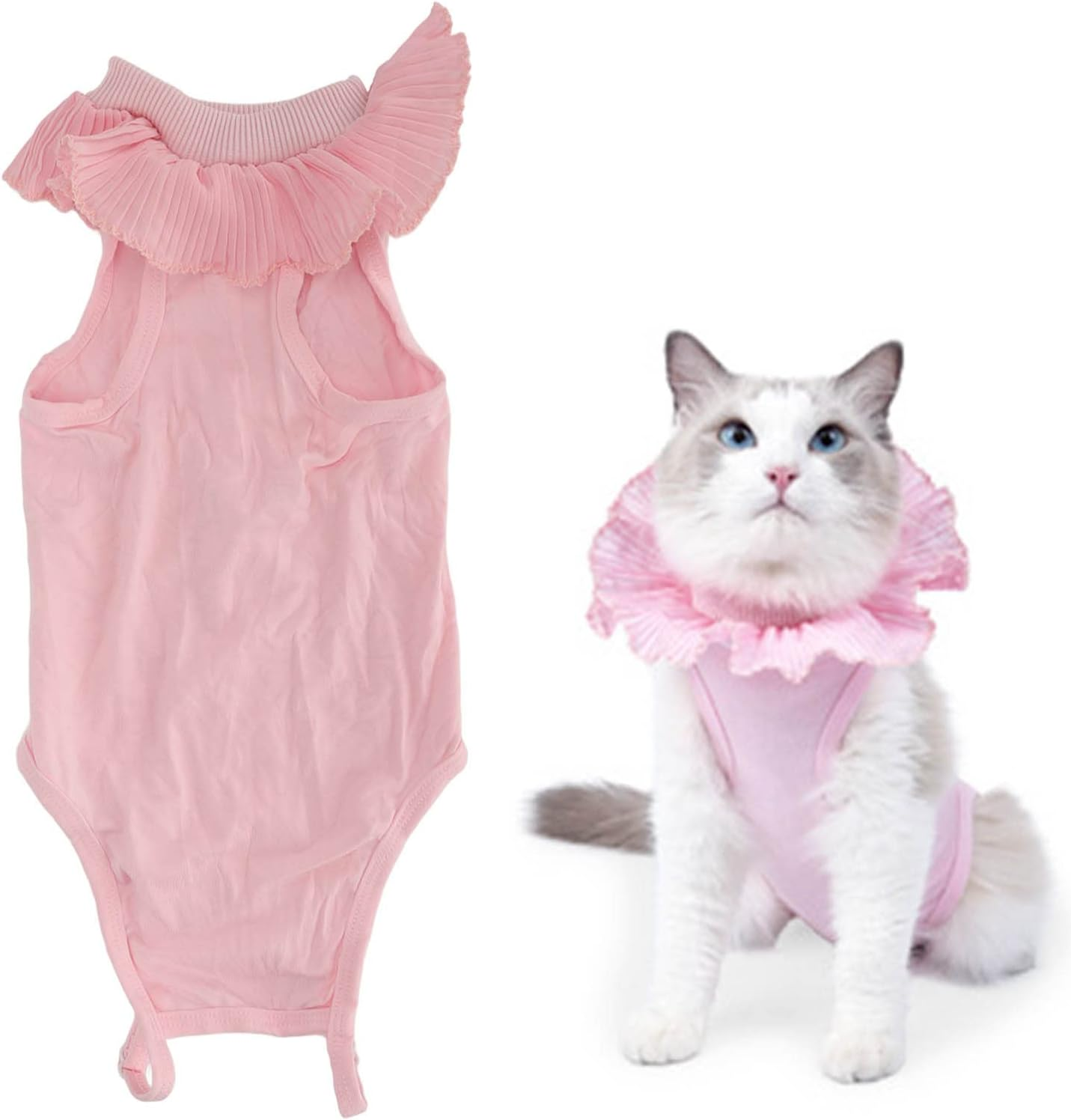 Cat Recovery Suit, Lace Neckline Cat Recovery Shirt with Adjustable Buckle, Kitten Surgry Full Bodysuit Bandages Cone E-Collar Alternative for Cats Kitten (M) image number 4