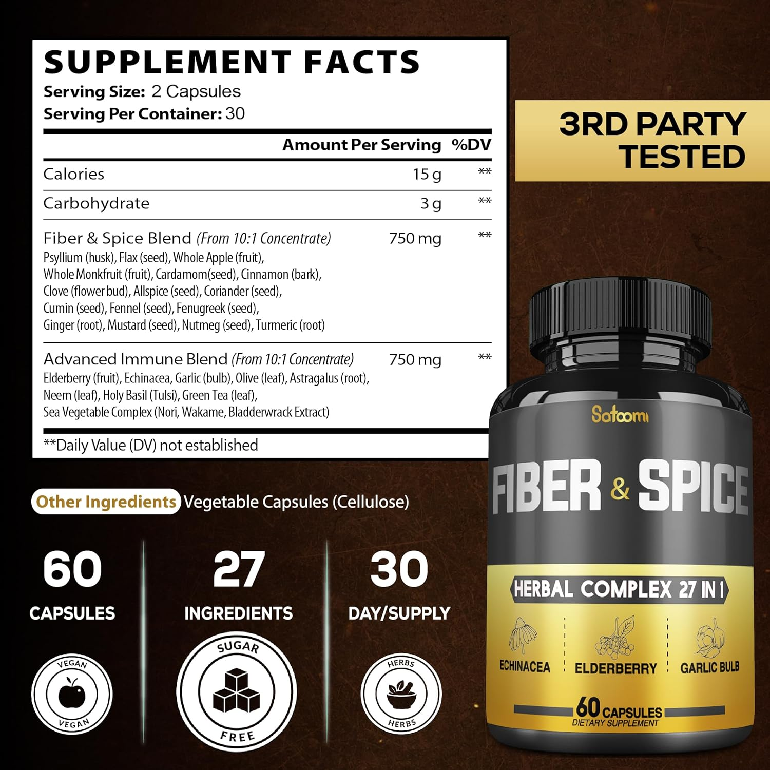 SATOOMI 27 in 1 Fiber and Spice Supplement - 60 Veggie Capsules - High Concentrated with Psyllium Husk, Flax Seed, Apple, Elderberry, Echinacea & More image number 3