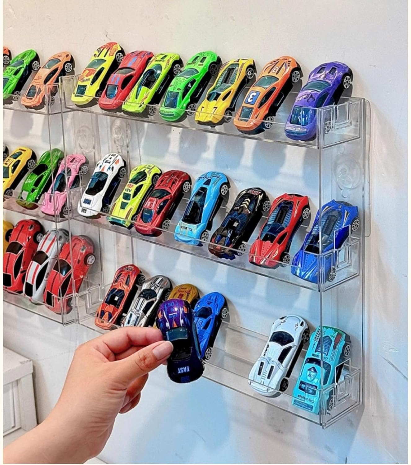 3 Layer Acrylic Wall Mount Display Case for Hot Wheels, 3-Tier Organizer Shelf Holds 27 Toy Cars, 1:64 Diecast Car Storage Organizer image number 3